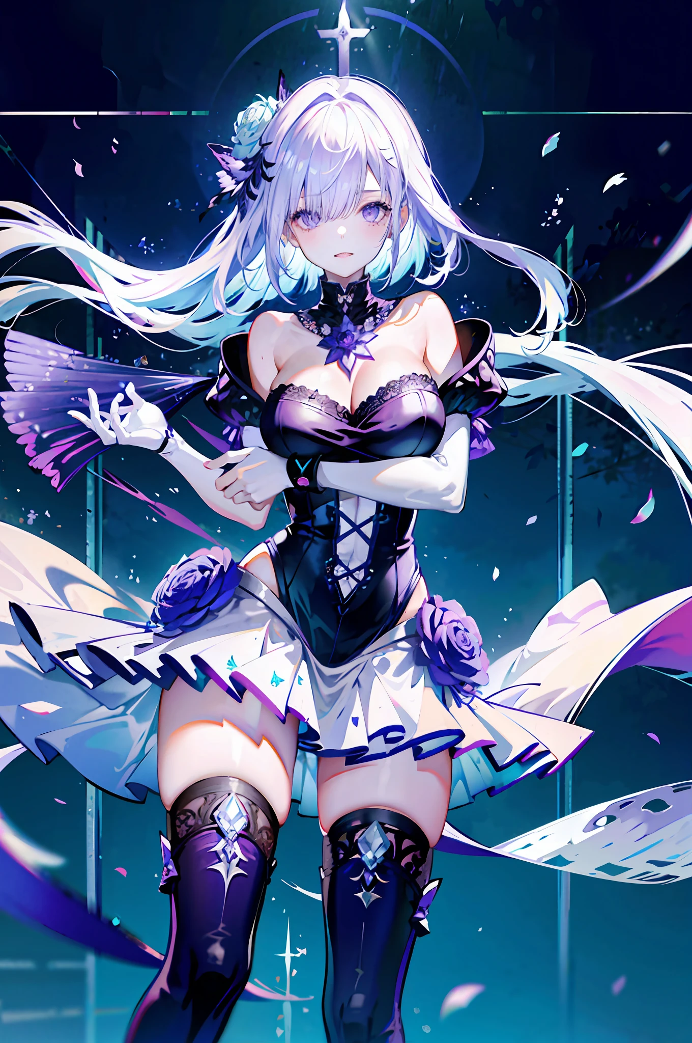 silber hair,butterflys,long whitr hair,8k wallpaper,detailedbackground,Highest high resolution,deep v big breasts,Hair covers one eye,Bandeau,Church background,Purple roses,tight-fitting,themoon,high-heels