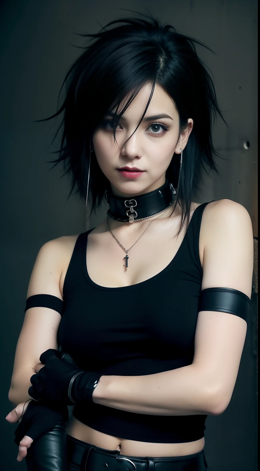 (masterpiece), best quality, expressive eyes, perfect face, black stocking, black tanktop, armpit, little smile , gloves, dual tone hair colour, armpit, straddle, tight tanktop, big boobs, necklace, earing, punk, rock, emo, long hair, full body, emo hair, emo style, choker gothic metal,