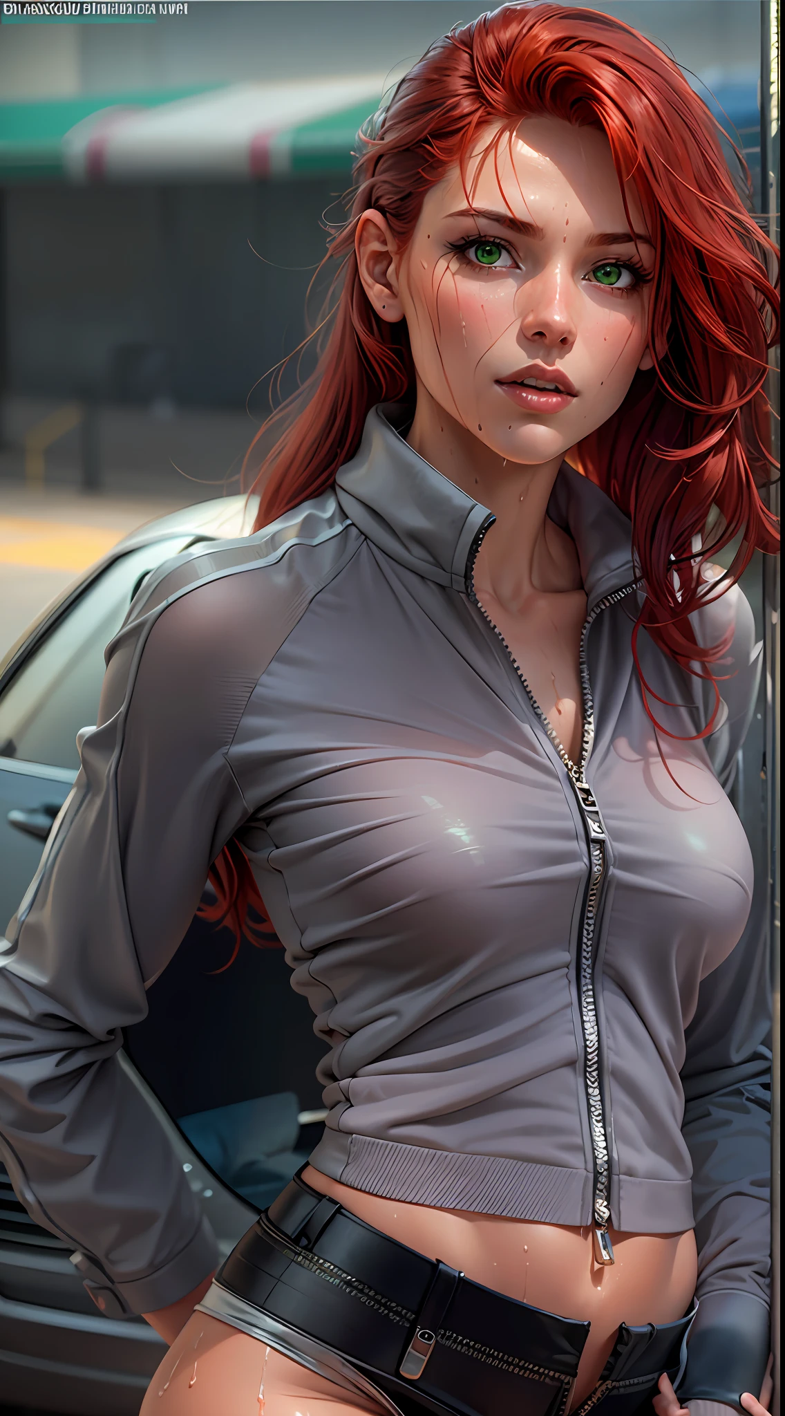 masterpiece, high quality, ultra high resolution, redhead white woman, dark skin tone, 25 years old, alone, medium breasts, medium hips, long silver red hair, green eyes, transparent, red sexy, ultra realistic, parking lot sexy, in open leg position, legs apart, wet skin, ultra resolution, ultra realistic image, 4k, sweaty skin
