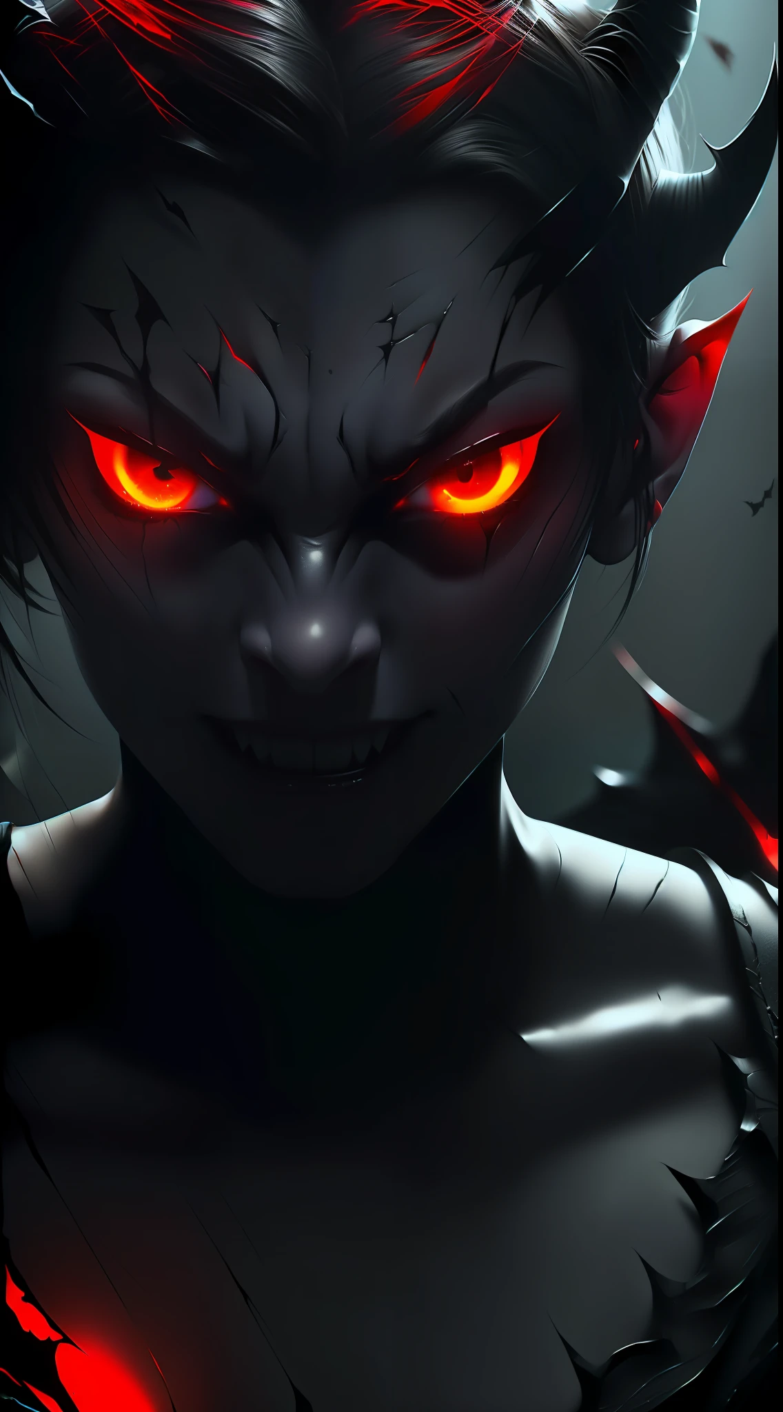 Portrait of a demon with black scales,Broken black bat wings,Red edge light,luminous red eyes,Hideous laugh,Evoke fear,Movie close-up,ultra-realistic realism,8k photo, Cinematic rendering, Ray tracing, best qualtiy, highest details, hyper HD,