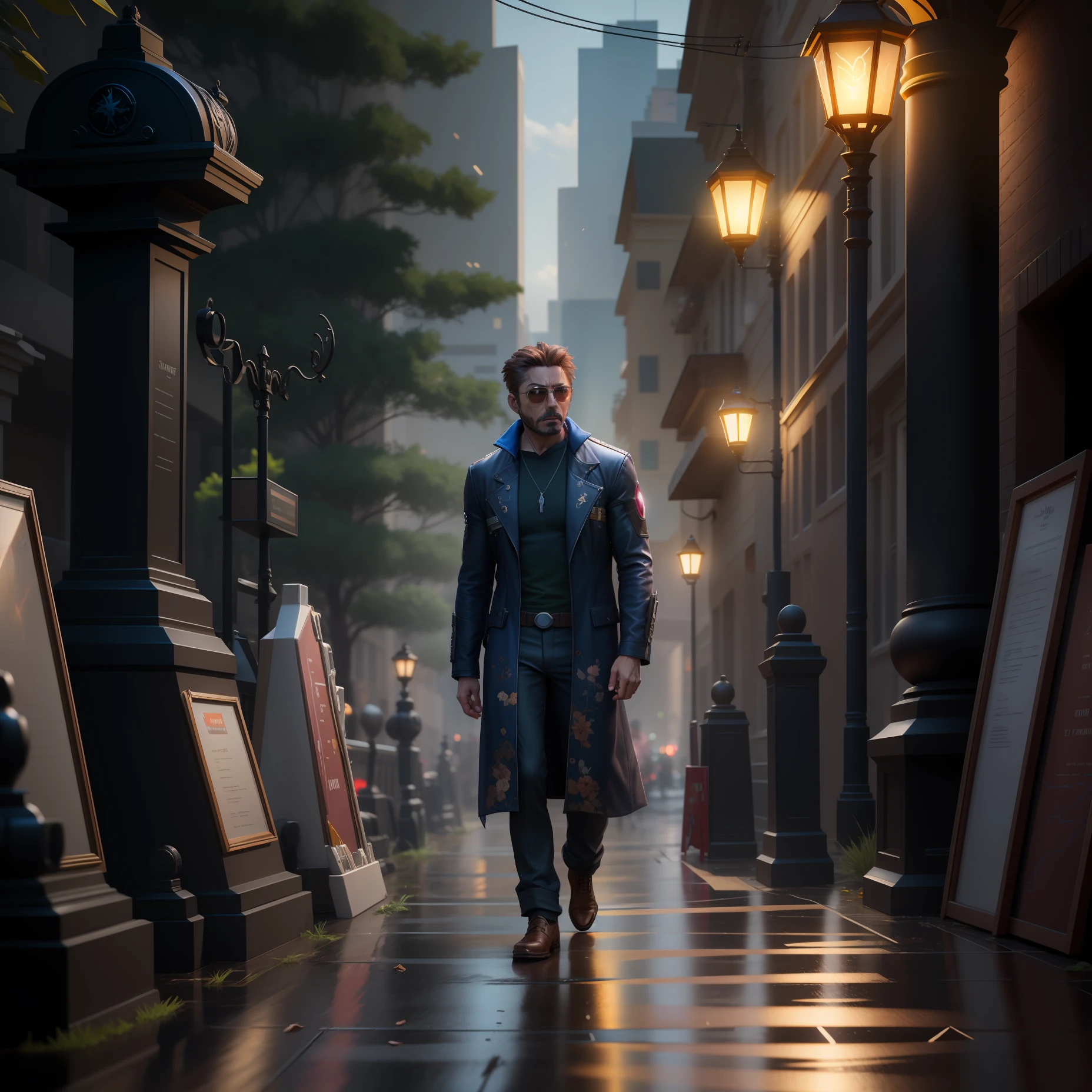 Marvel, Old man Tony Stark, realistically, dynamic lights, old, gray stubble, full shoot, (extremely detailed CG unity 8k wallpaper), trending on ArtStation, trending on CGSociety, High Detail, Sharp focus, dramatic, photorealistic