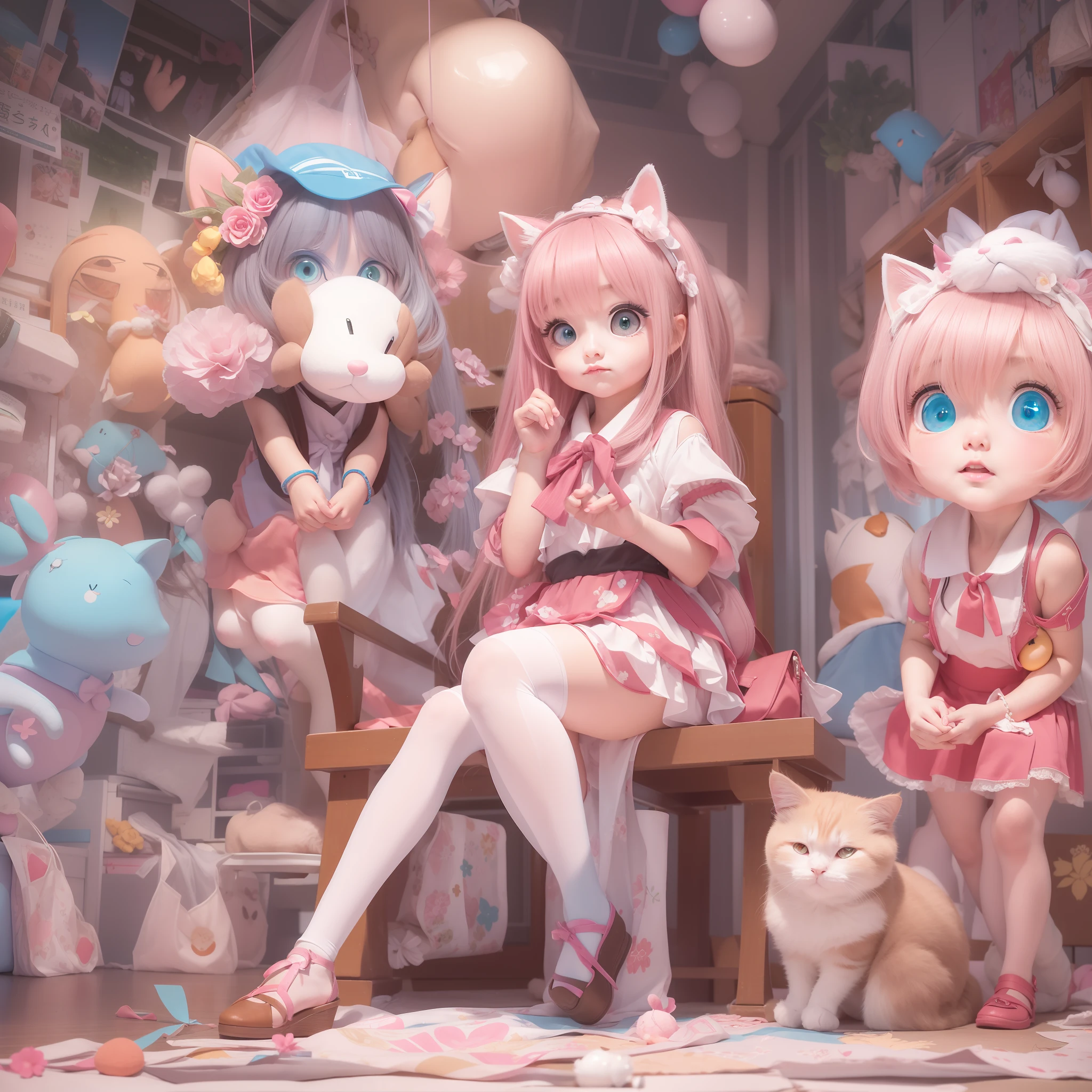 Two kneeling sycophants, bikini Aimei, wearing stockings, hosting the show,  girls，Pink double-tailed hair and cyan eyes，Anime littlein servant costume，The little girl  her ass，Be red in the face， astonishment， （Shiny tights）， camel's paw， Bondonas， Thick thighs， full-body view， （（looking at viewert））， （（dynamic angle））， （（dynamicposes））， （（completo））， Look back， finely detailled， Realistic face， photorealistic eye， Tomoe Elementary School，rden， sky， Pink schoolbag with hanging decorations， Look at the cat， ArtbyNoise， （（（perfectly shaded））， Best shadow， best illuminate