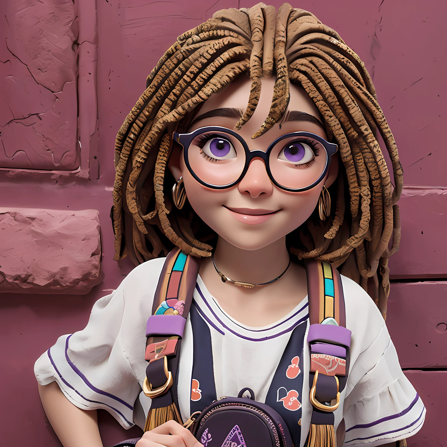 uma menina jovem, de pele escura tom marrom, Seu cabelo esta solto, dread's, fone de ouvido, Eyeglasses, com rendas delicadas, tom amarelo acizentado com madeixas marrom escuro, roupas leves, mochila, fone de ouvido, dread's roxo escuro, corpo inteiro, The background is filled with a pastel shade, evoking a sense of lightness and happiness.