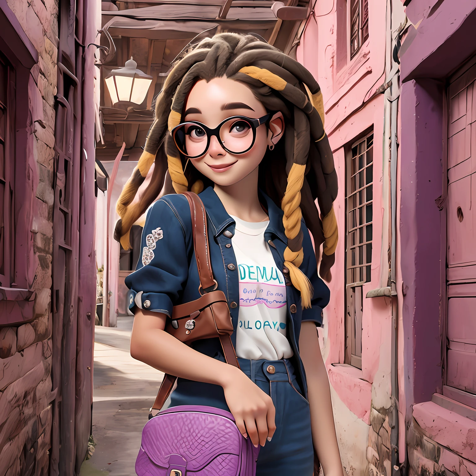 uma menina jovem, de pele escura tom marrom, Seu cabelo esta solto, dread's, fone de ouvido, Eyeglasses, com rendas delicadas, tom amarelo acizentado com madeixas marrom escuro, roupas leves, mochila, fone de ouvido, dread's roxo escuro, corpo inteiro, The background is filled with a pastel shade, evoking a sense of lightness and happiness.