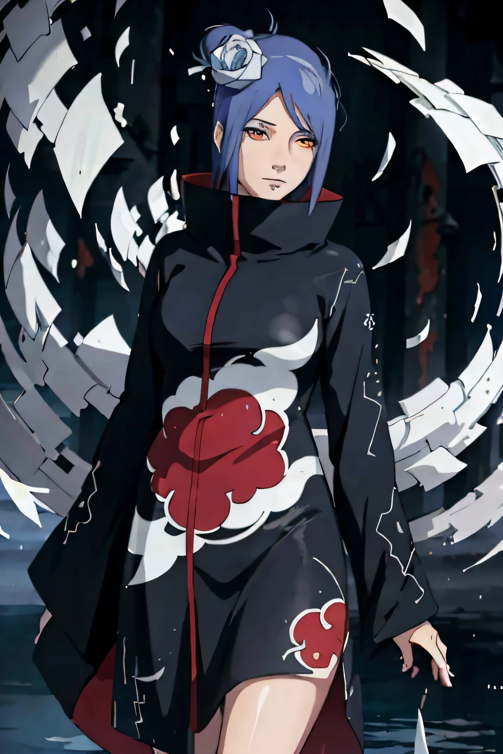 absurdres, (best quality), (masterpiece),(ultra-detailed:1.2),(photorealistic:1.1),(highres),
1girl,(injury:1.1),(blood:1.1),
konan \(naruto\), (akatsuki outfit:1.1), labret piercing, (paper:1.2),
ripples,swirling ,rainbow,