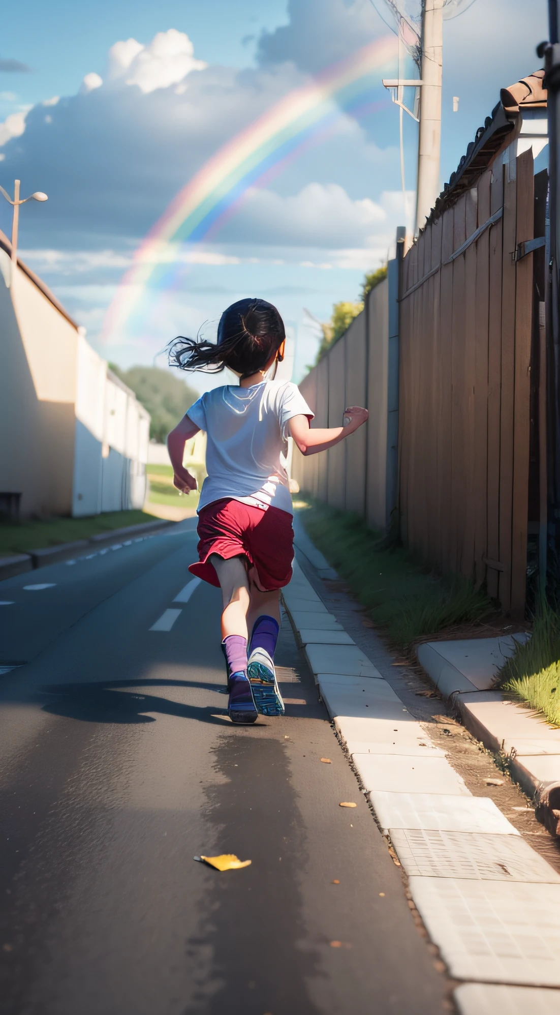 child running after a rainbow
