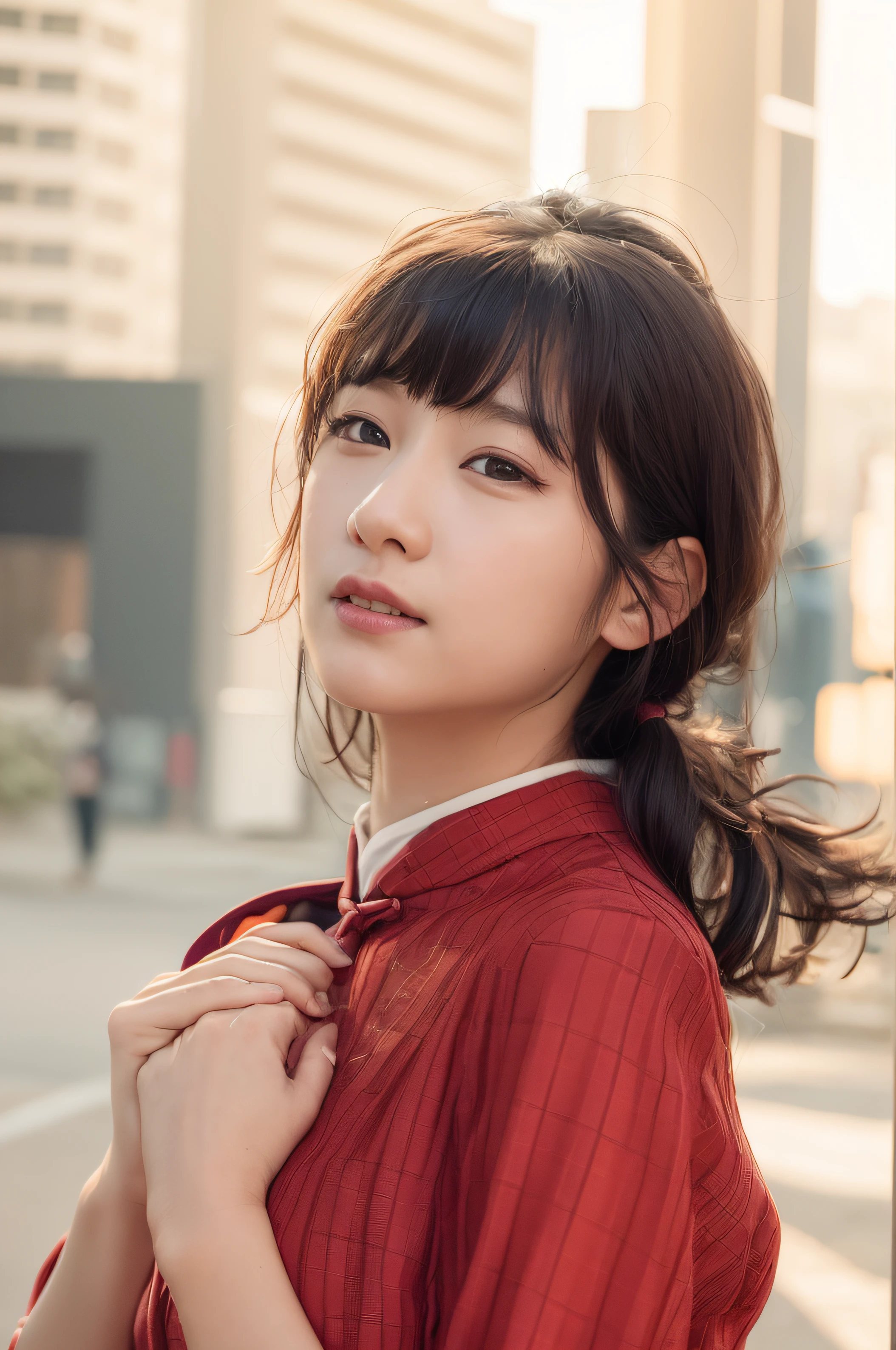A woman in a red tie stood in the park, female actress from korea,young cute wan asian face