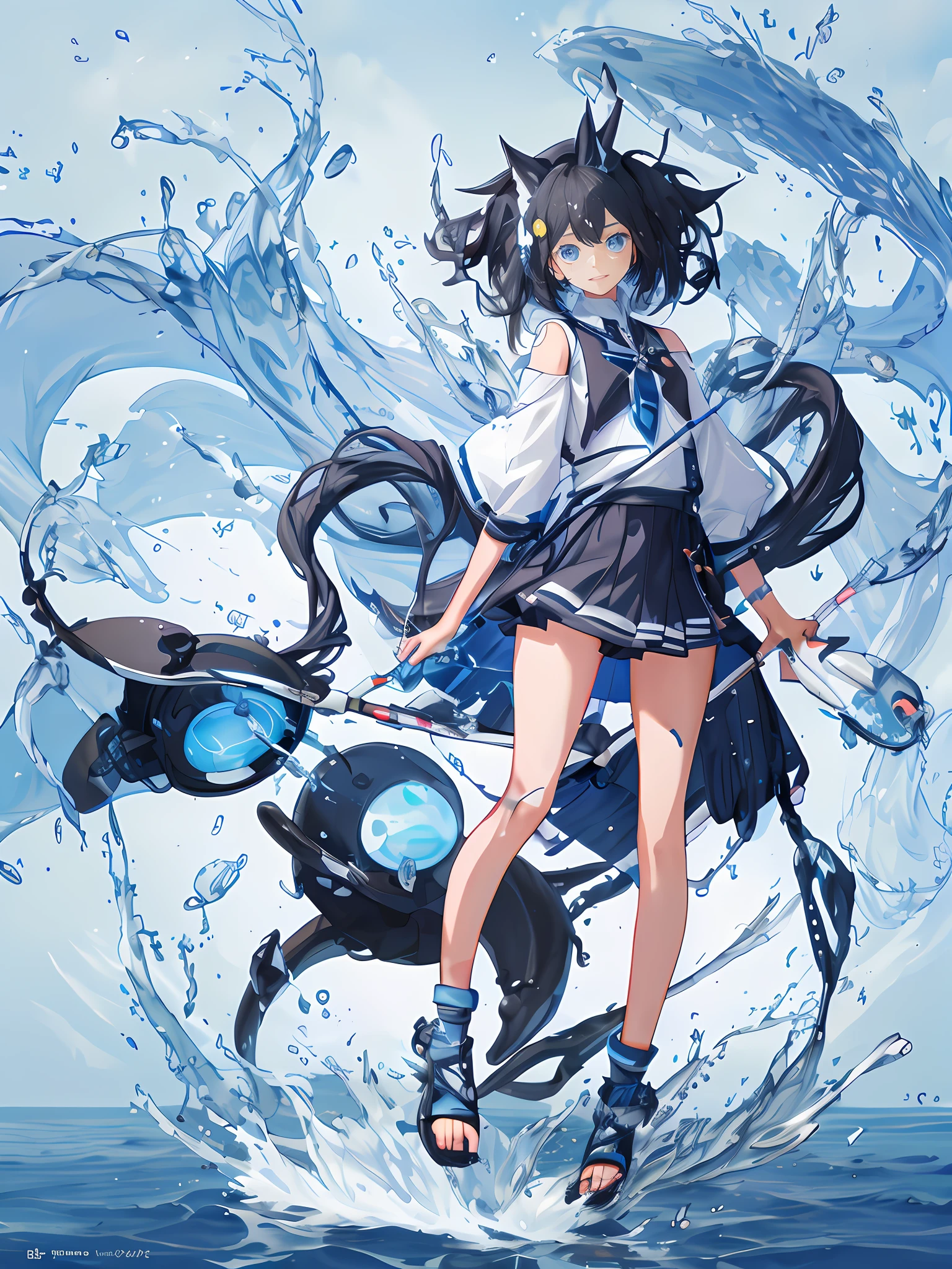 Anime girl holding a paintbrush in her hand,Splashing around, splashcreen character art, Anime girl walking on water, wallpaper anime blue water, Splash art anime Loli, character is covered in liquid, Made of water, water-cooled, water elemental, style of anime4 K, Official artwork, Girl with black hair,Coiled hair,cute female child,1girll,full bodyesbian,