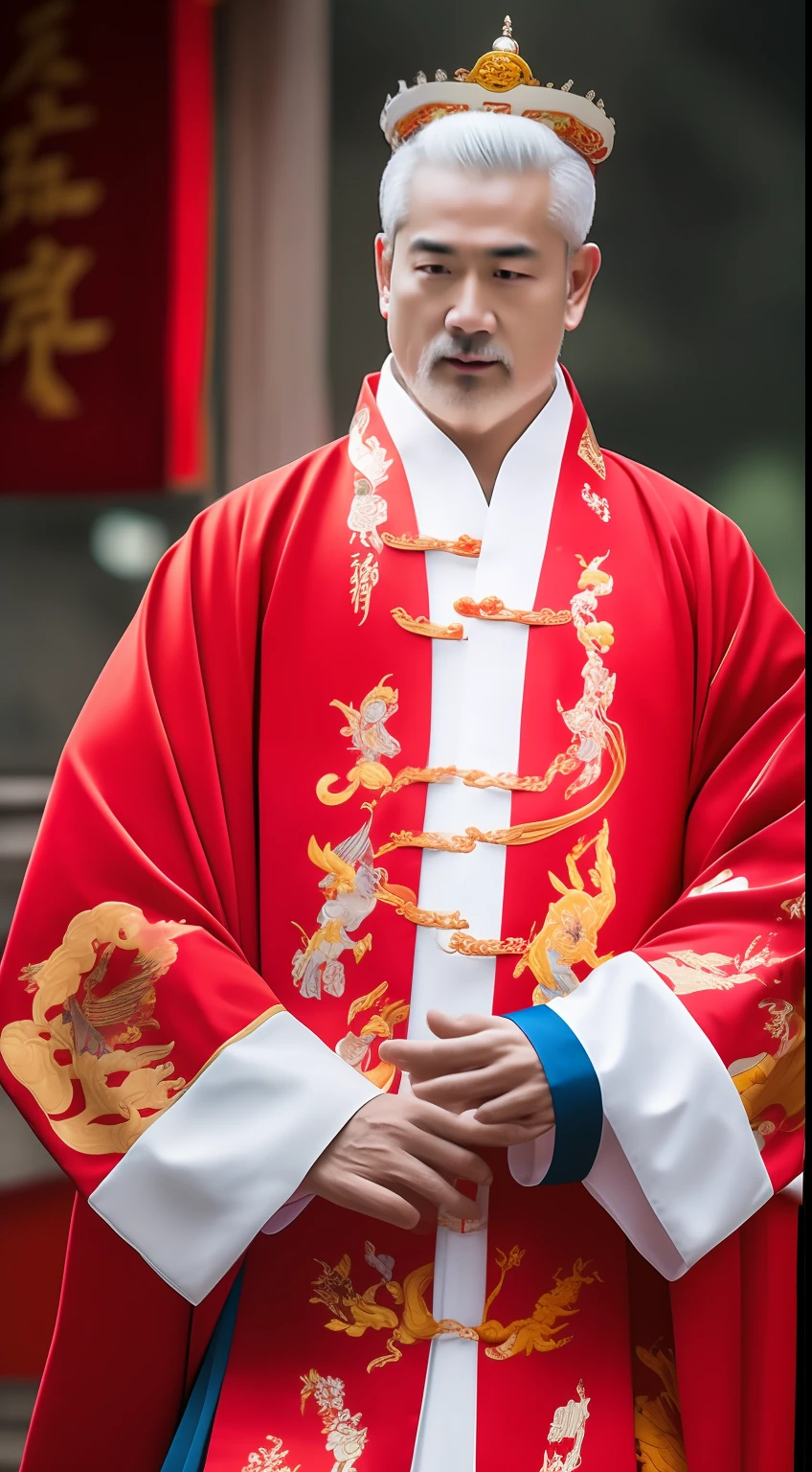 Masterpiece, Highest quality, (solofocus),, (High detail: 1.1),dojo,Red and yellow robes,The male, Man, chinese crown, 1人,and white hair,超高分辨率 , Detailed background, realisticlying, wearing a detailed and intricate xianxia antique outfit