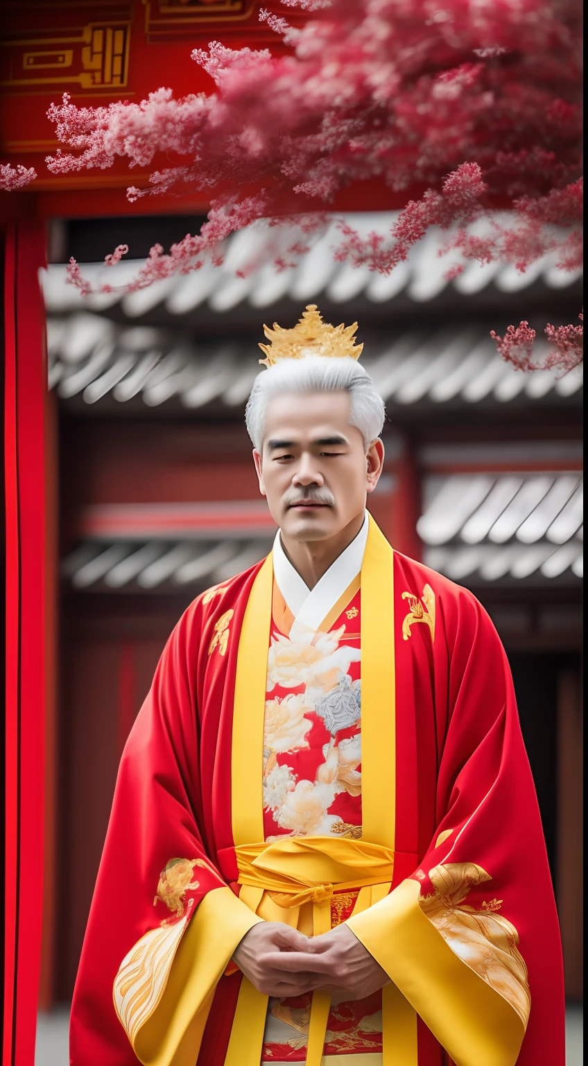 Masterpiece, Highest quality, (solofocus),, (High detail: 1.1),dojo,Red and yellow robes,The male, Man, chinese crown, 1人,and white hair,超高分辨率 , Detailed background, realisticlying, wearing a detailed and intricate xianxia antique outfit