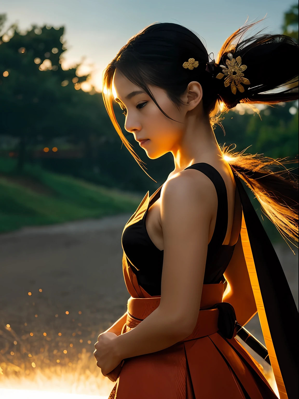 (best quality, masterpiece), 1girl, samurai, particle, wind, looking at viewer, fox ear, backlighting, upper body, pose