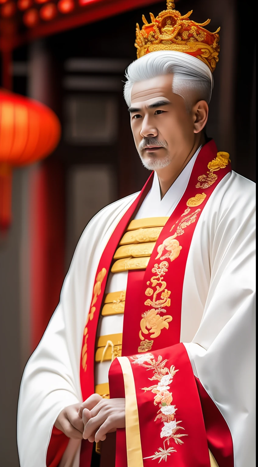 Masterpiece, Highest quality, (solofocus),, (High detail: 1.1),dojo,Red and yellow robes,The male, Man, chinese crown, 1人,and white hair,超高分辨率 , Detailed background, realisticlying, wearing a detailed and intricate xianxia antique outfit