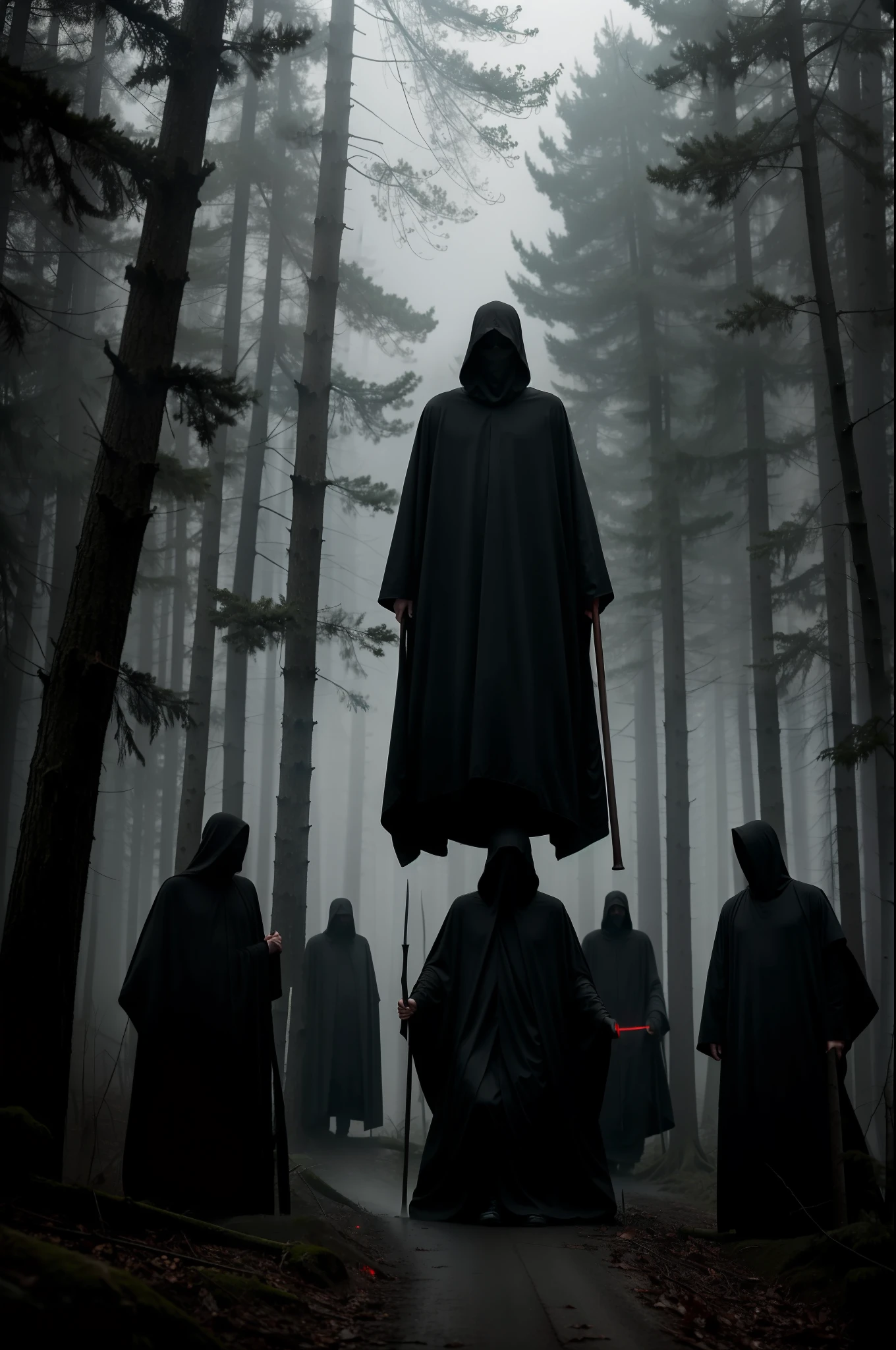 In the foggy forest roads line up cultists or Grim Reaper with scythes，They wore black robes and hoods，No face to see，In the distance lies corpses，Above the corpse floats souls，Red edge light，luminous red eyes，Scary gloomy atmosphere，Evoke fear，SENSE OF CINEMA，best qualtiy, highest details, hyper HD,