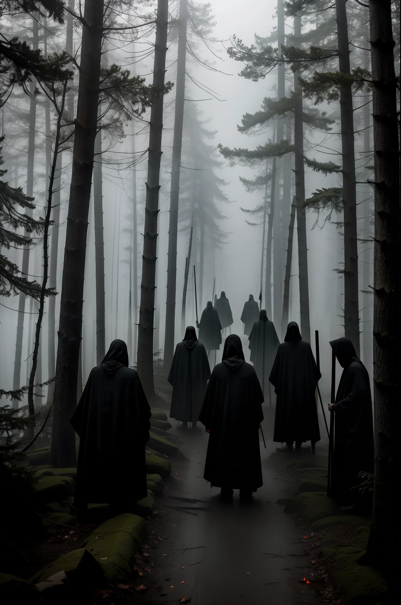 In the foggy forest roads line up cultists or Grim Reaper with scythes，They wore black robes and hoods，No face to see，In the distance lies corpses，Above the corpse floats souls，Red edge light，luminous red eyes，Scary gloomy atmosphere，Evoke fear，SENSE OF CINEMA，best qualtiy, highest details, hyper HD,