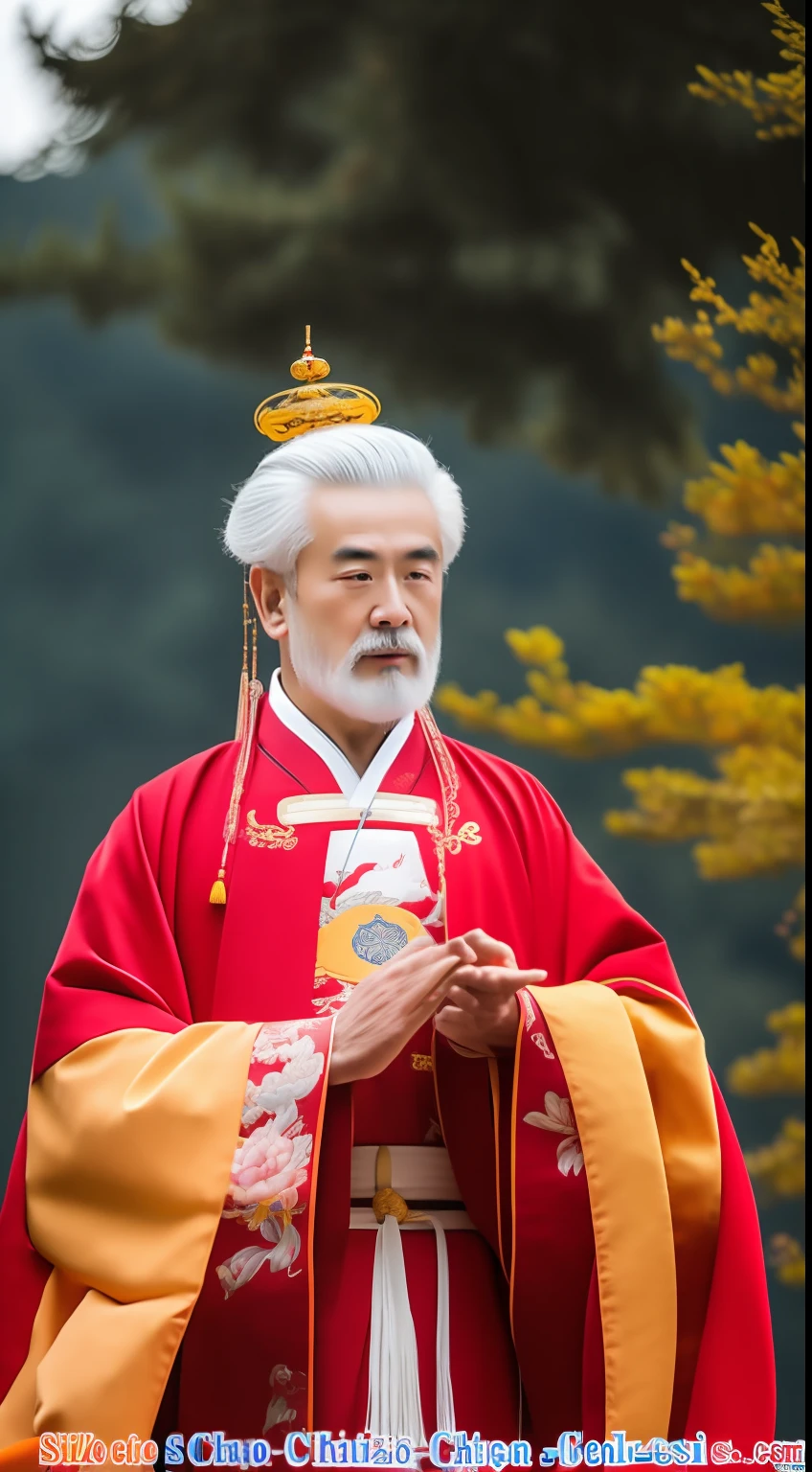 Masterpiece, Highest quality, (solofocus),, (High detail: 1.1),dojo,Red and yellow robes,The male, Man, chinese crown, 1人,and white hair,超高分辨率 , Detailed background, realisticlying, wearing a detailed and intricate xianxia antique outfit