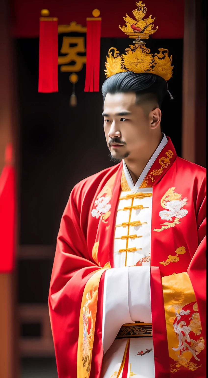 Masterpiece, Highest quality, (solofocus),, (High detail: 1.1),dojo，Red and yellow robes，The male， Man, chinese crown, 1人,and white hair,超高分辨率 , Detailed background, realisticlying, wearing a detailed and intricate xianxia antique outfit