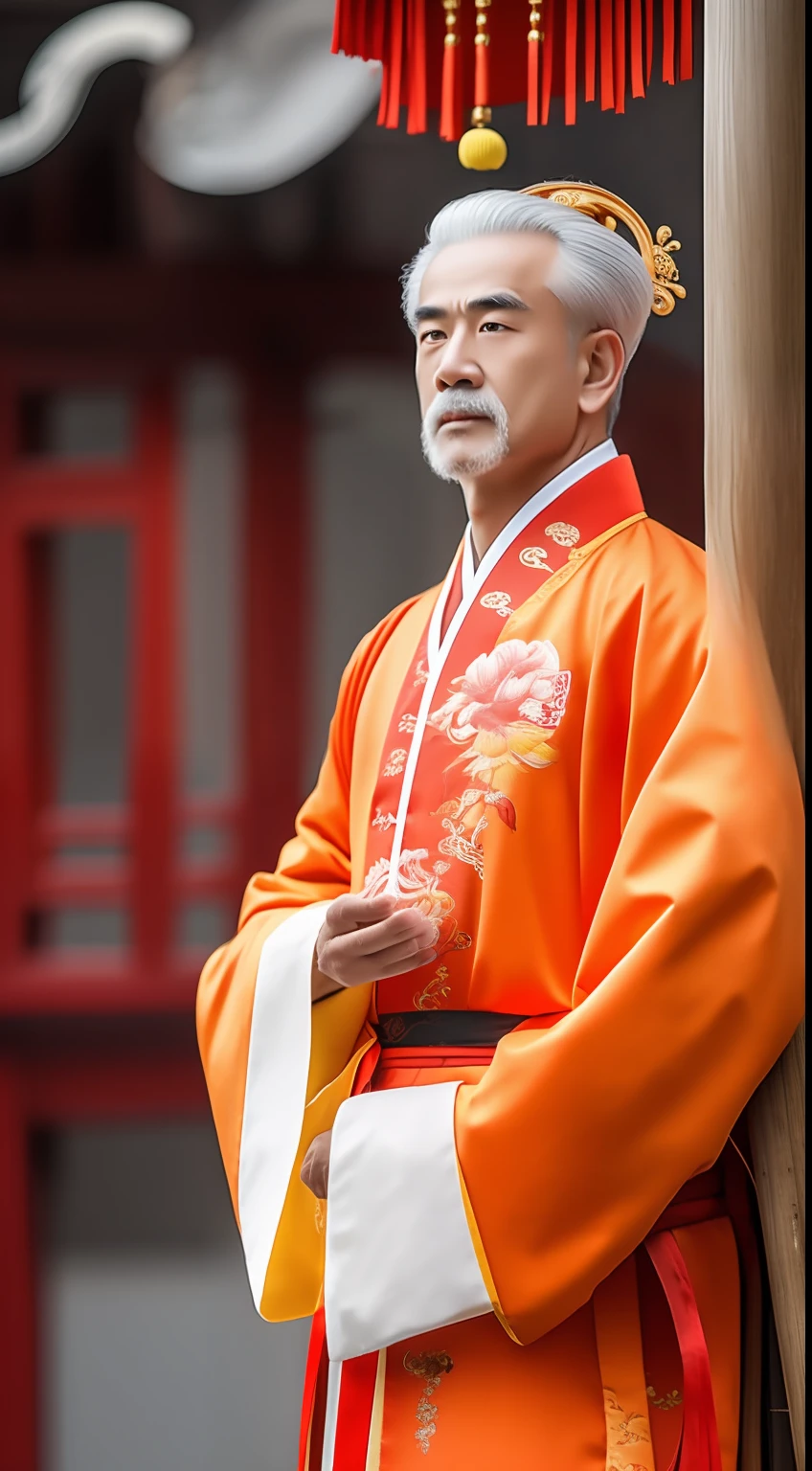 Masterpiece, Highest quality, (solofocus),, (High detail: 1.1),dojo，Red and yellow robes，The male， Man, chinese crown, 1人,and white hair,超高分辨率 , Detailed background, realisticlying, wearing a detailed and intricate xianxia antique outfit