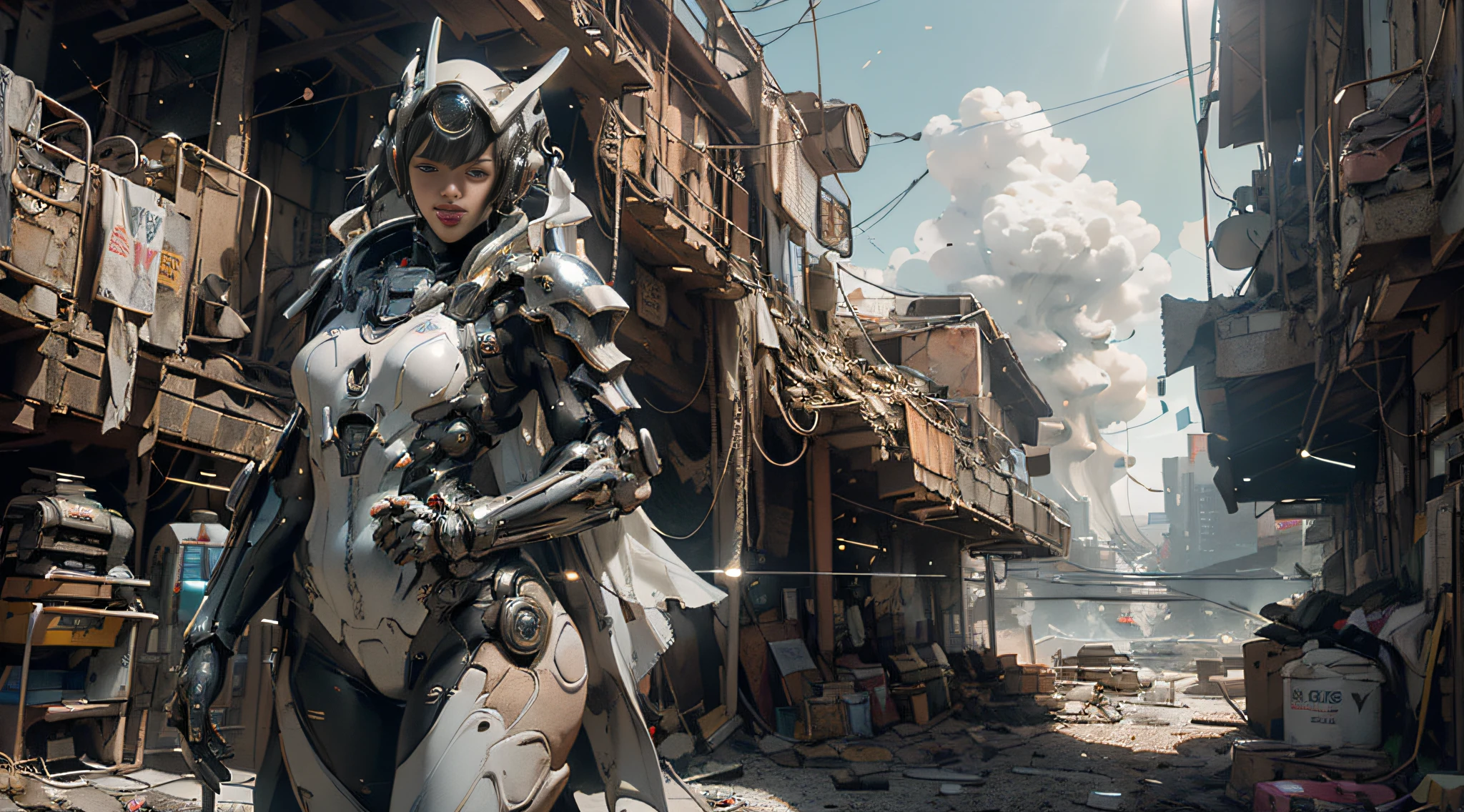 ((best quality)), ((masterpiece)), ((realistic)), (detailed), (photorealistic:1.5), a futuristic girl, (thick body), (white bodysuit), lights on armor, cybernetic headwear, looking at viewer, dynamic pose, post apocalyptic, destroyed city background, buildings on fire, science fiction, hdr, ray tracing, nvidia rtx, super-resolution, unreal 5, subsurface scattering, pbr texturing, post-processing, anisotropic filtering, depth of field, maximum clarity and sharpness, rule of thirds, 8k raw, (luminescent particles:1.4), (extremely detailed cg, unity 8k wallpaper, 3d, cinematic lighting, lens flare), reflections, sharp focus, cyberpunk art, cyberpunk architecture,