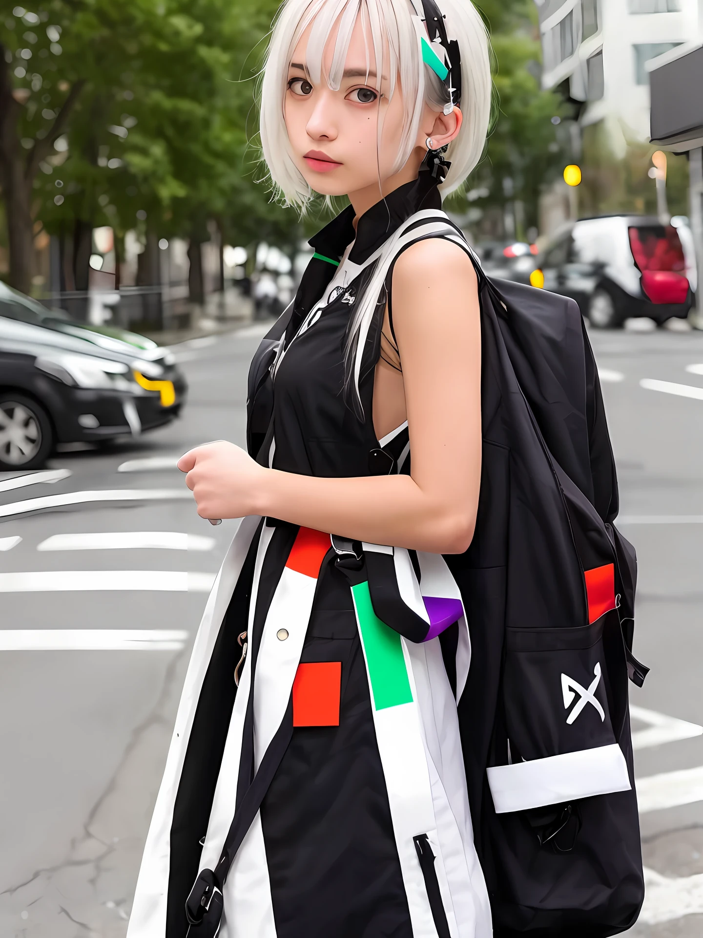 Off-white hair,Green eyes,quadratic element,Black hairpins clip on both sides of the hair,female pervert,