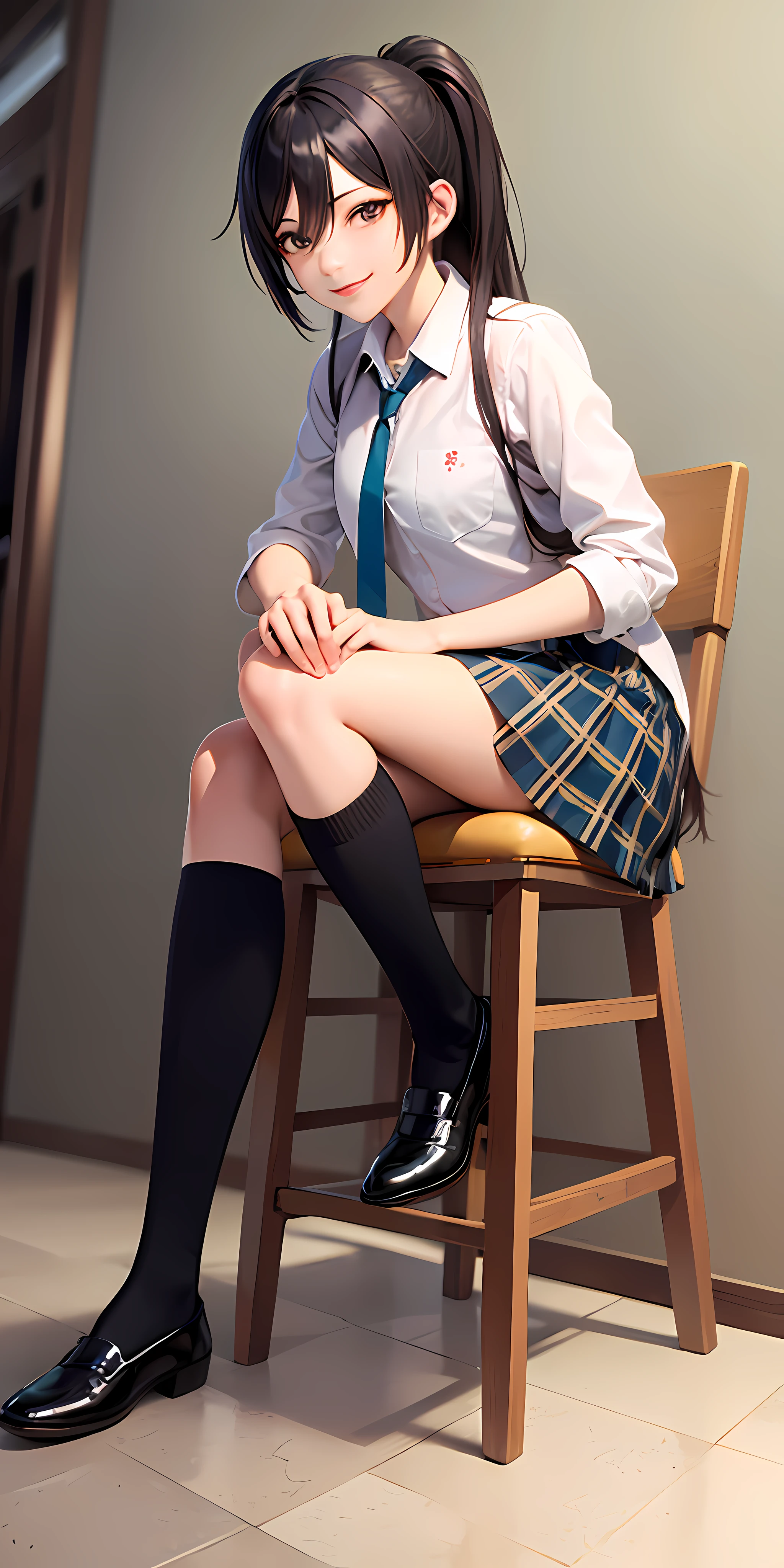 masterpiece, best quality:1.2), full body, cowboy shot, solo, 1girl, shirase sakuya, smile, looking at viewer, sitting, high ponytail, school uniform, collared shirt, necktie, plaid skirt,black socks