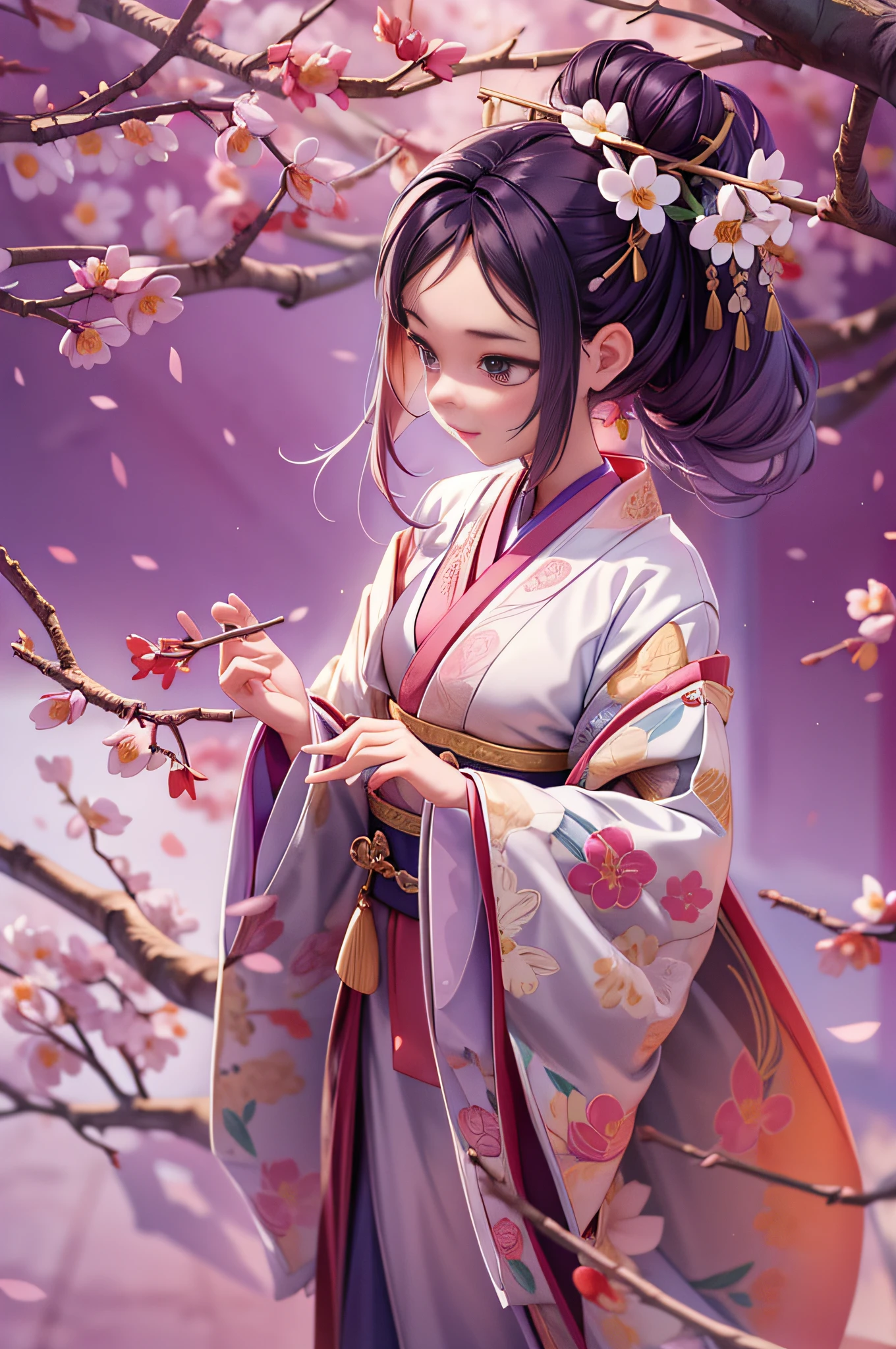 Movie Angle，（Cute girls，anatomy correct，full bodyesbian，Masterpiece plum blossoms，Representative works Hanfu，ssmile），（illustratio，paper art，3Drenderingof），（plethora of colors，Best quality，high detal，tmasterpiece，Cinematic lighting effects，4K，Chiaroscuro）