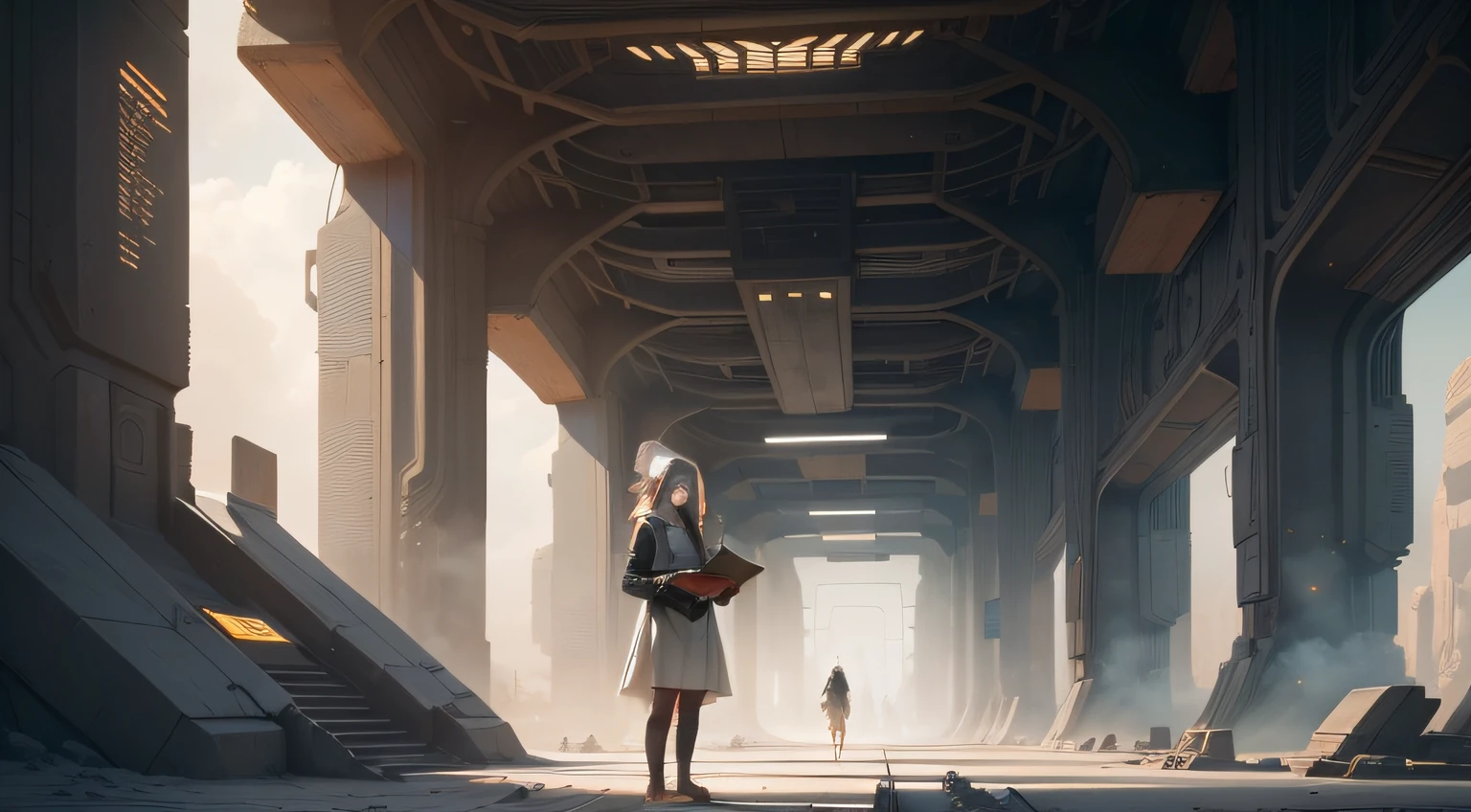 An image showing a girl holding the ancient, dusty book in her hands with a look of awe and curiosity on her face. She stands amidst the sleek, futuristic technology of her research facility, representing the contrast between the past and the future.