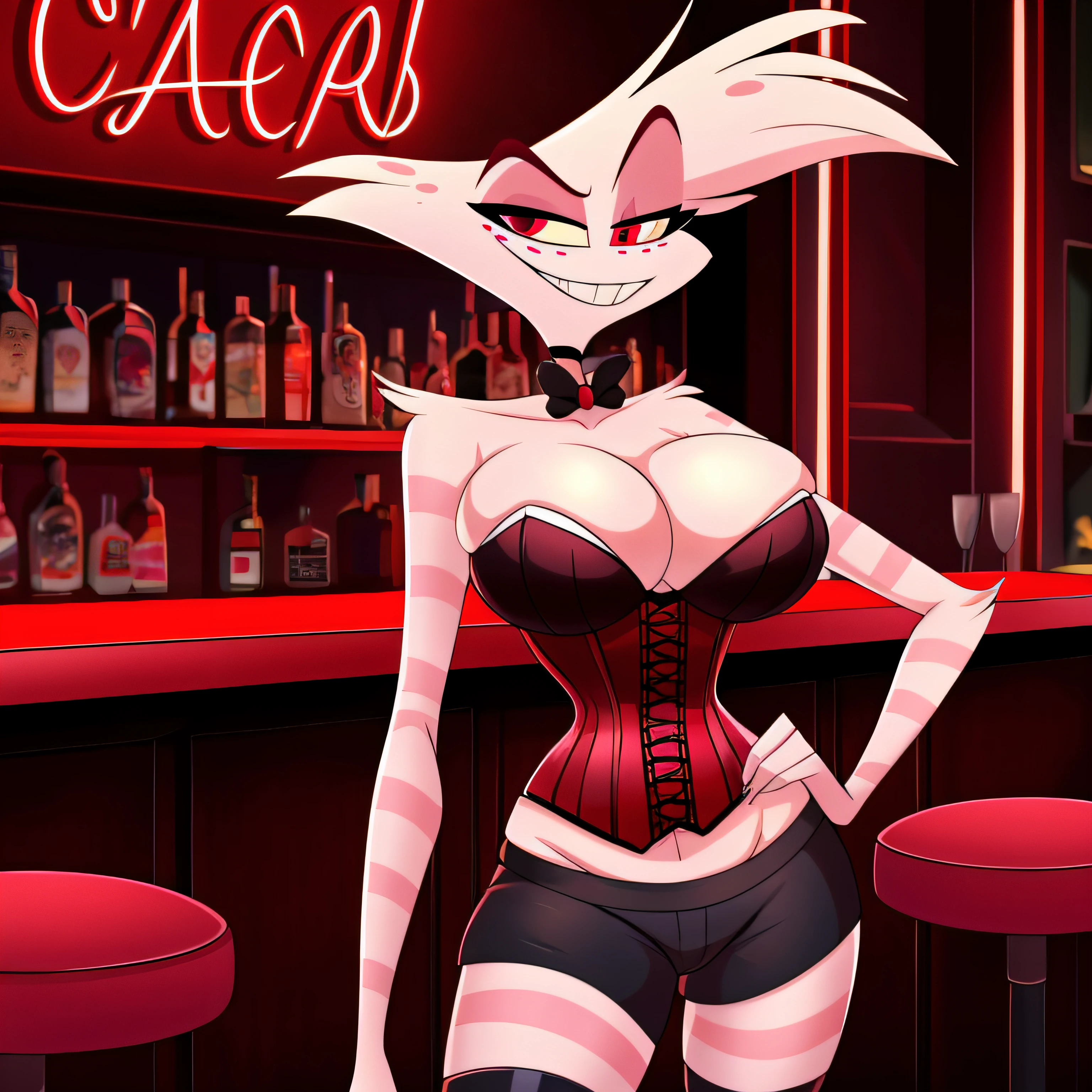 Angel Dust Hazbin Hotel, big breasts, wide hips, ((wearing small corset)), wearing black shorts, cleavage, highly detailed, hi res, high resolution, cleavage, at bar, red theme, (cleavage overflow)