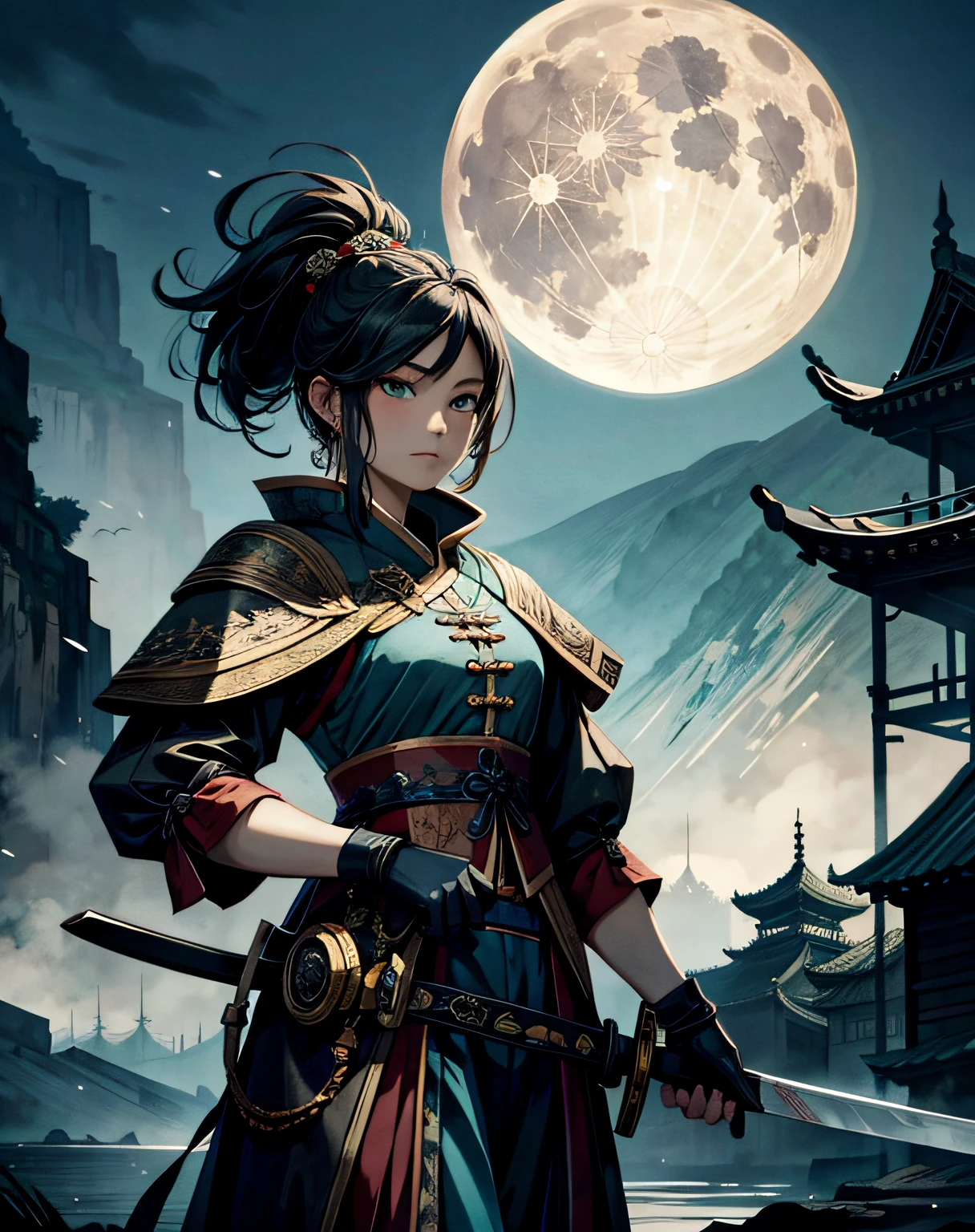 masterpiece chinese watercolor and ink painting, 1girl holding a sword in front of the full big moon. by rembrandt and artstation trending, 8k, highly detailed, turquoise rustic color scheme, detailed, atmospheric light, cinematic, epic, highly detailed, hd, digital painting, deviant art, concept art, smooth, sharp