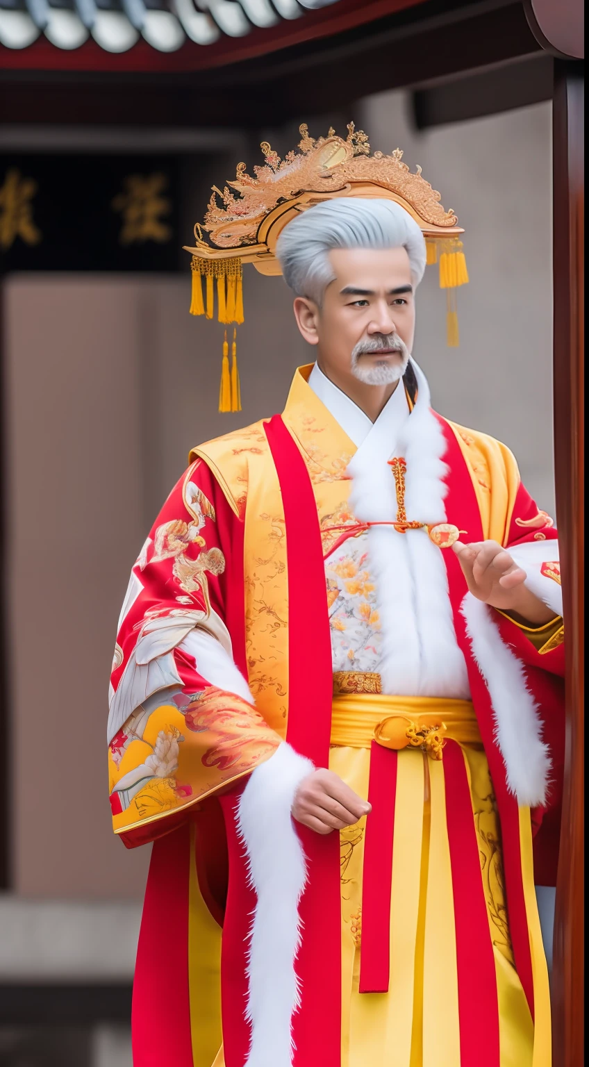 Masterpiece, Highest quality, (solofocus),, (High detail: 1.1),dojo，Red and yellow robes，The male， Man, chinese crown, 1人,and white hair,超高分辨率 , Detailed background, realisticlying, wearing a detailed and intricate xianxia antique outfit