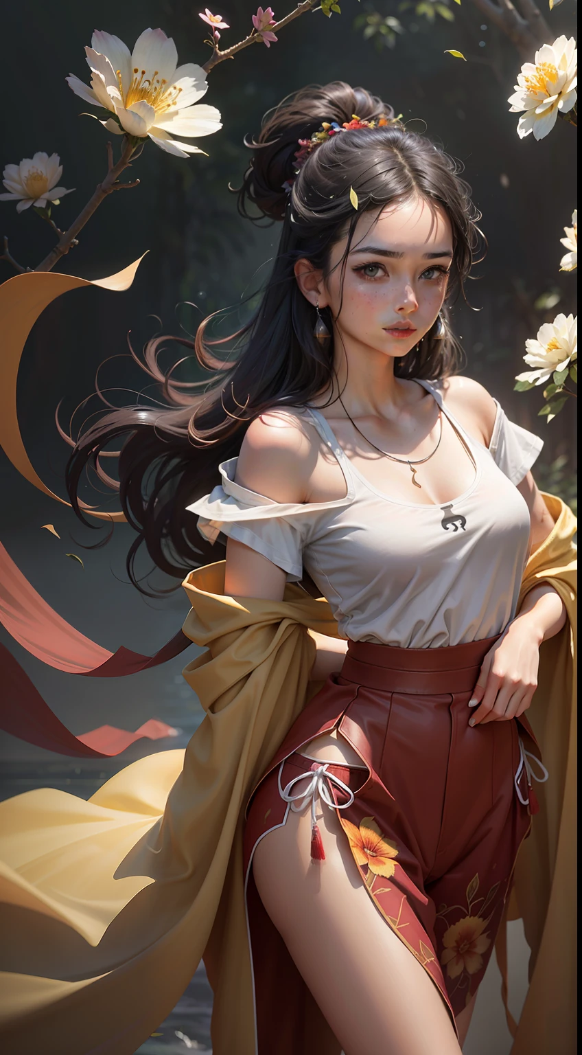 Girl in the jungle，(Raised sexy，Wear black shorts and a white t-shirt), Cute face, （Red），Detailed facial portrayal，（Photo of Steve Hanks），aquarelle，Splash ink，（Masterpiece），（Best picture quality），（light and shadow effect），（Ray traching），（8k wallpaper），Full body appearance，Ultra-clear，Ultra photo realsisim，Photography Award，photorealestic