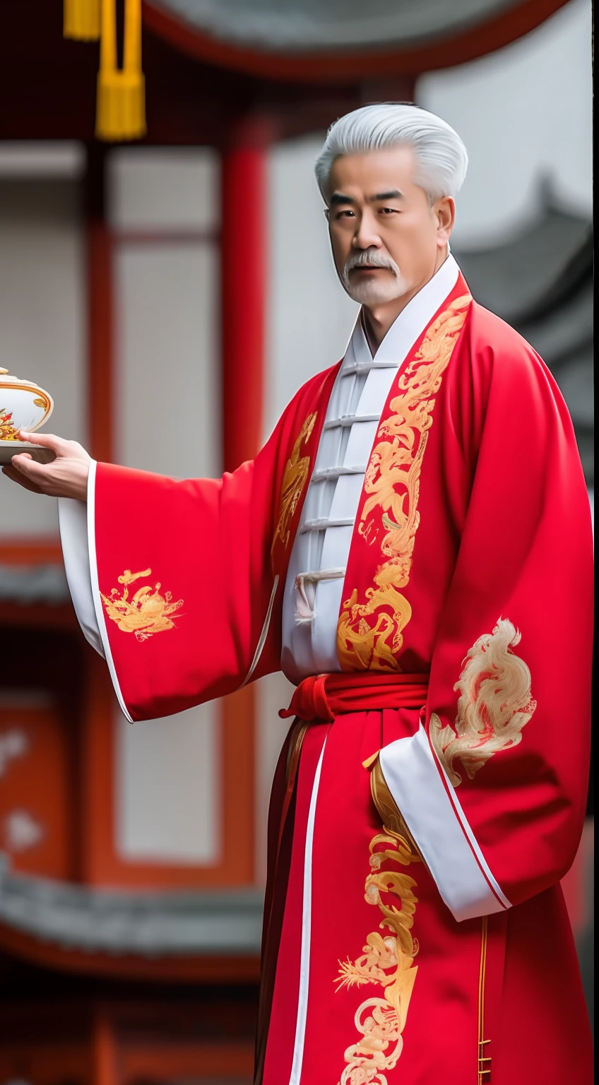Masterpiece, Highest quality, (solofocus),, (High detail: 1.1),dojo,Red and yellow robes,The male, Man, chinese crown, 1人,and white hair,超高分辨率 , Detailed background, realisticlying, wearing a detailed and intricate xianxia antique outfit