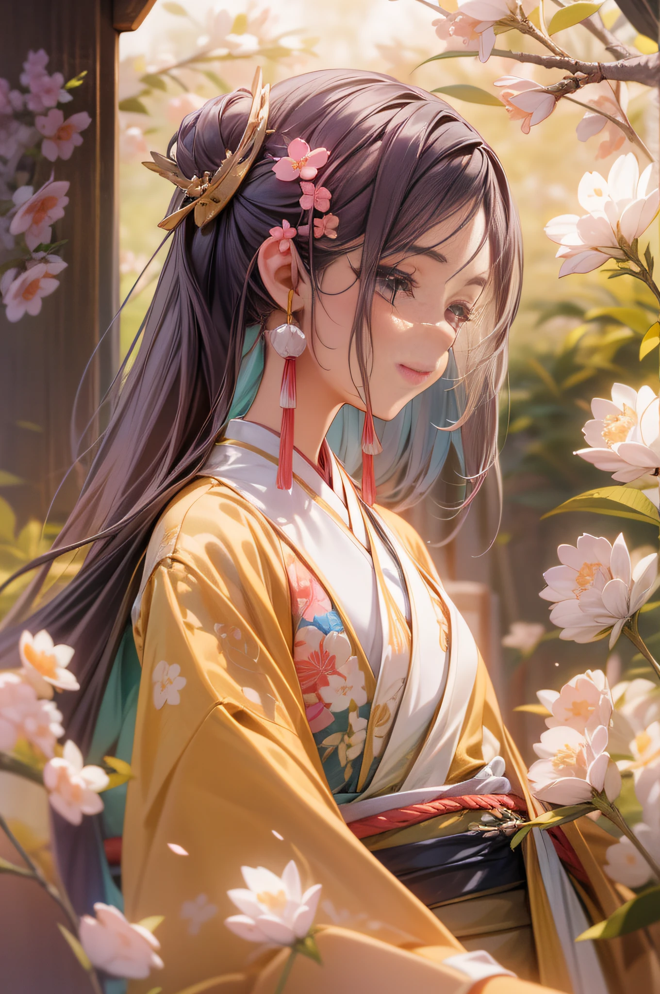 Movie Angle，（Cute girls，anatomy correct，full bodyesbian，Masterpiece peach blossom，Representative works Hanfu，ssmile），（illustratio，paper art，3Drenderingof），（plethora of colors，Best quality，high detal，tmasterpiece，Cinematic lighting effects，4K，Chiaroscuro）
