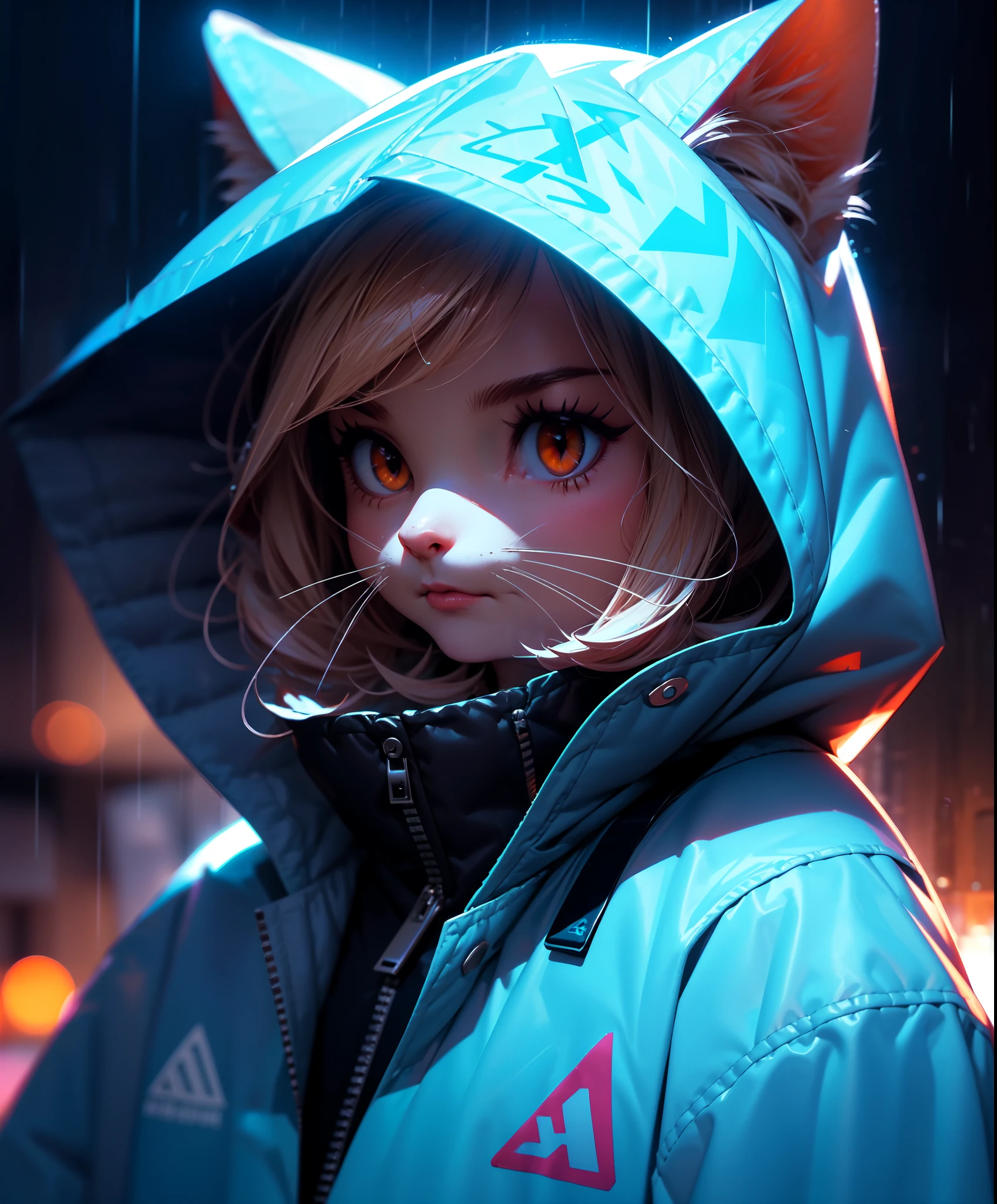 masterpiece, best quality, solo, rain, hood, animal ears, furry, hood up, 1girl, jacket, upper body, hooded jacket, closed mouth, whiskers, raincoat, cat, furry female, cat ears, orange eyes, portrait,, masterpiece, best quality,