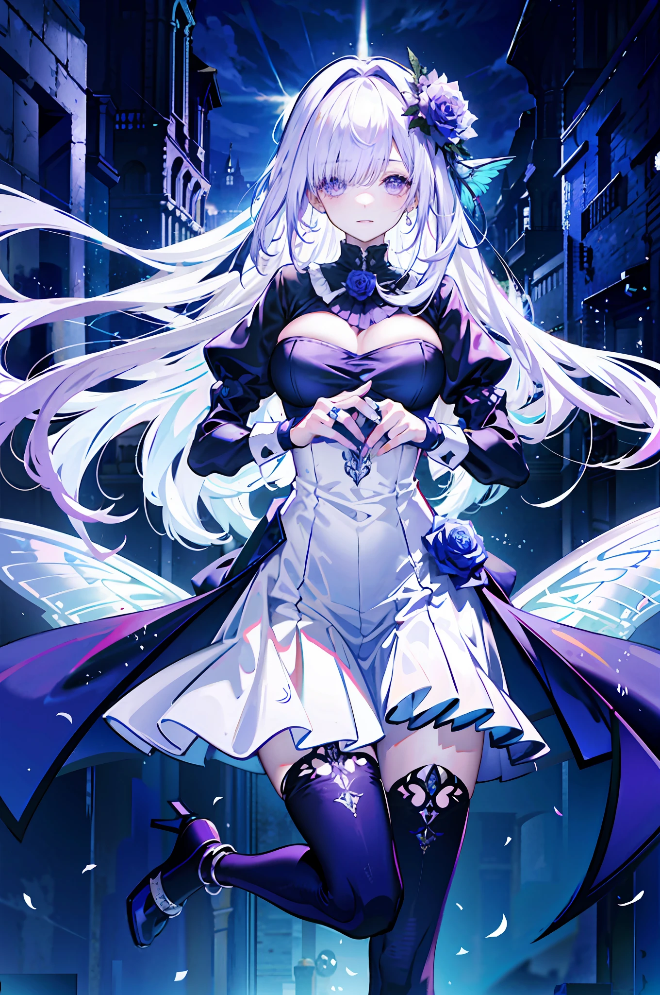 silber hair，butterflys，long whitr hair，8k wallpaper，detailedbackground，Highest high resolution，deep v big breasts，Hair covers one eye，Bandeau，Church background，Purple roses，tight-fitting，themoon，high-heels