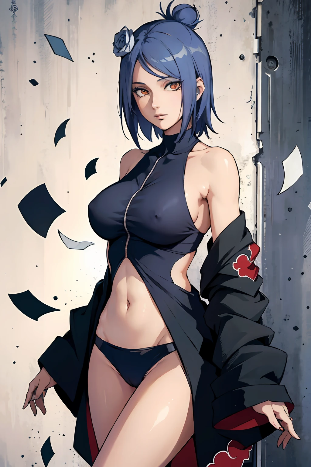 (melhor qualidade), (obra-prima), (ultra-detalhado: 1.2), (fotorrealista: 1.1), (alto), 1Menina,(injury:1.1),(sangue:1.1), Konan \(Naruto\), (biquini akatsuki:1.1), Piercing labret, (Papel:1.2), ripples, rodopiando, rainbowart, corpo inteiro, sexy, corpo perfeito,