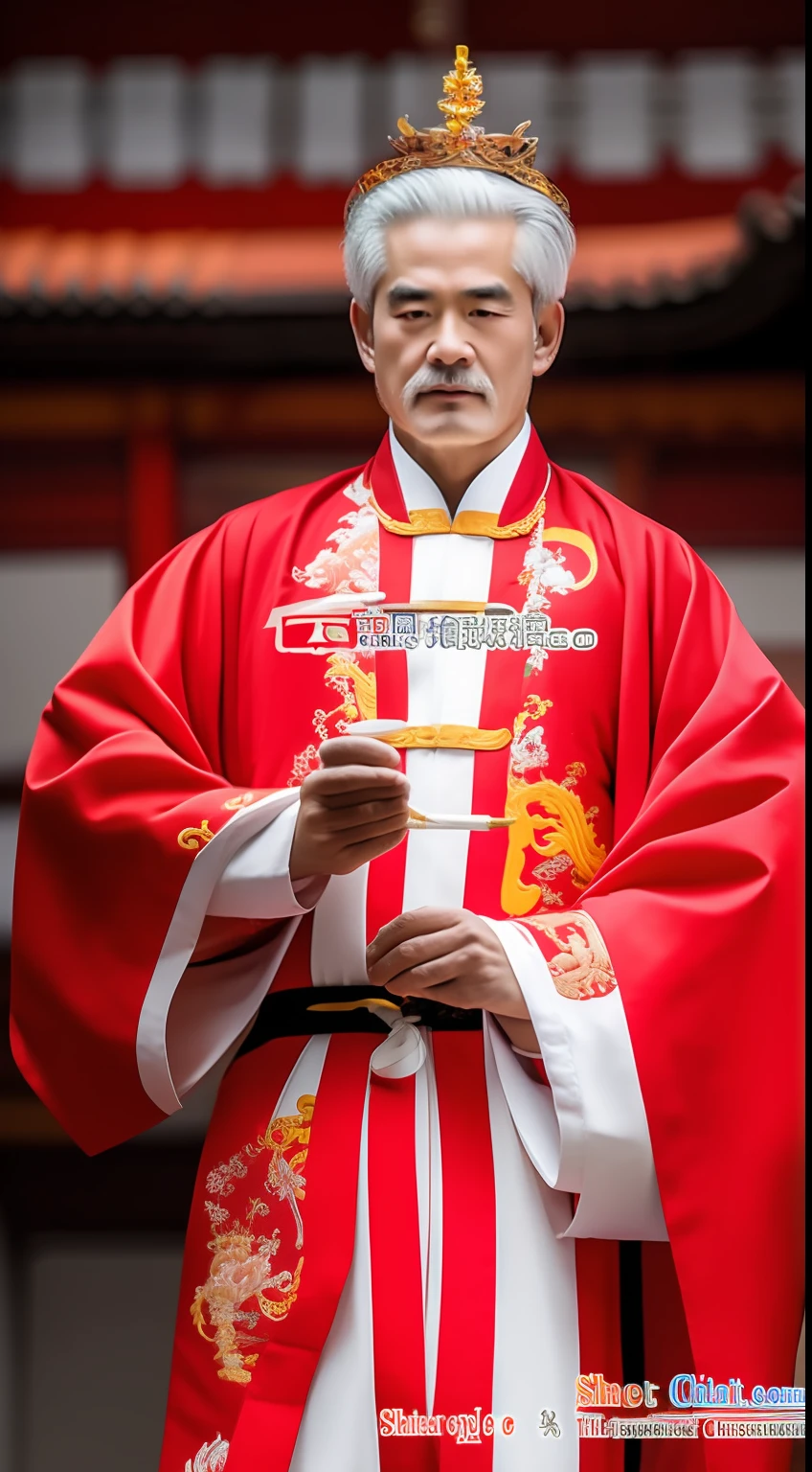 Masterpiece, Highest quality, (solofocus),, (High detail: 1.1),dojo，Red and yellow robes，The male， Man, chinese crown, 1人,and white hair,超高分辨率 , Detailed background, realisticlying, wearing a detailed and intricate xianxia antique outfit