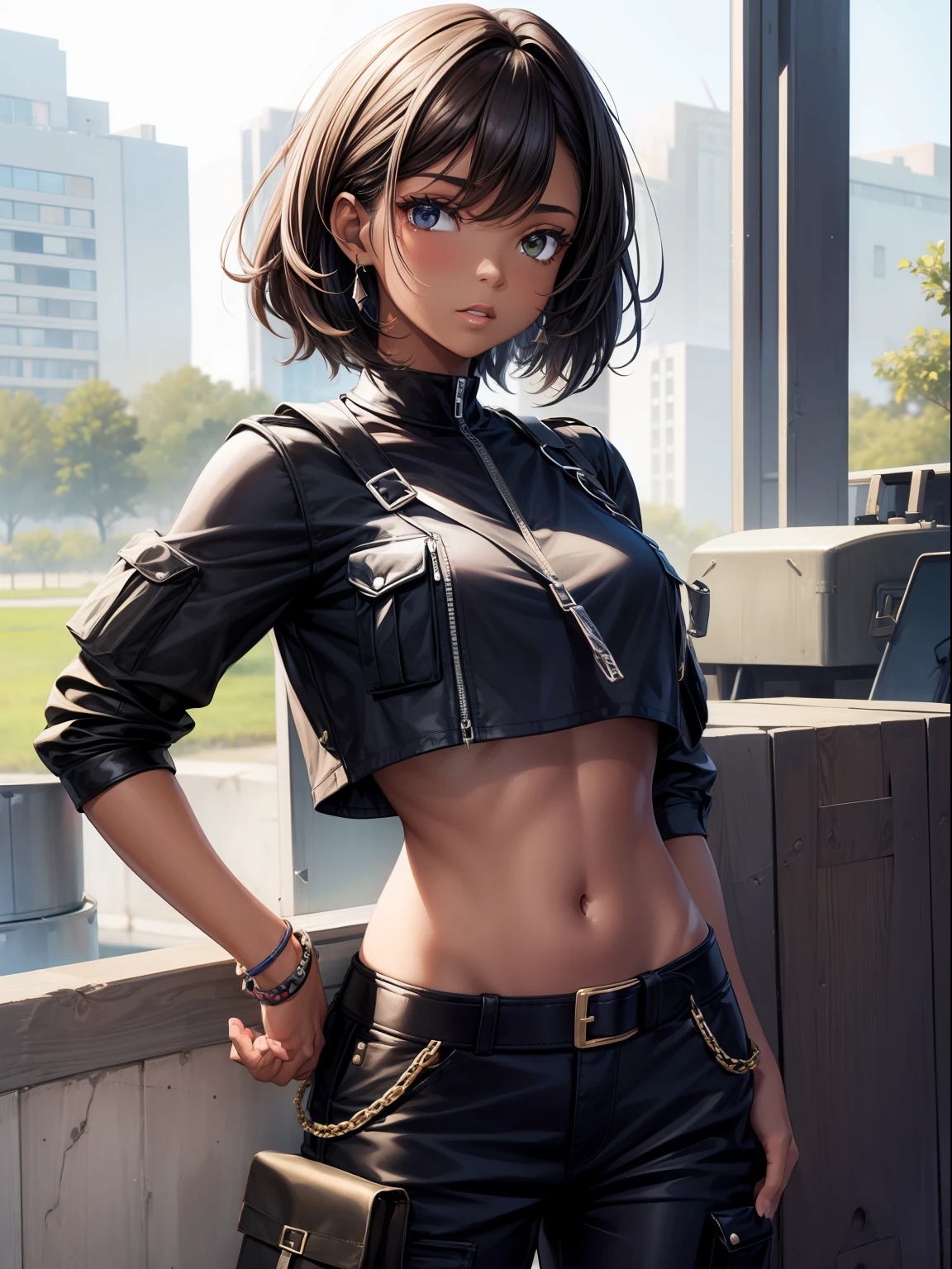 (crop top cargo:1.2)Une jeune femme noire avec un style remarquable.