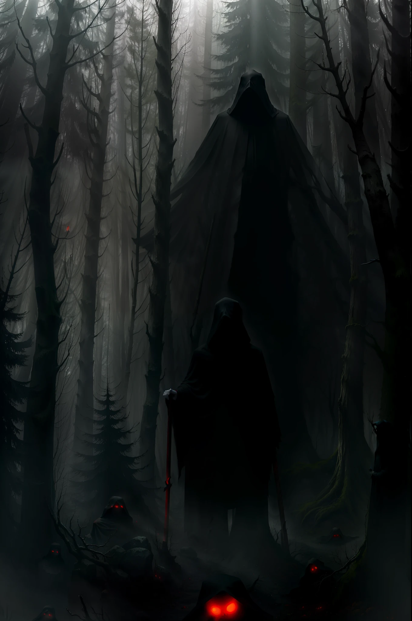 In the foggy forest at night line cultists or Grim Reaper with scythes，They wore black robes and hoods，No face to see，In the distance lies corpses，Above the corpse floated a translucent ghost，Red edge light，luminous red eyes，Scary gloomy atmosphere，Evoke fear，SENSE OF CINEMA，best qualtiy, highest details, hyper HD,