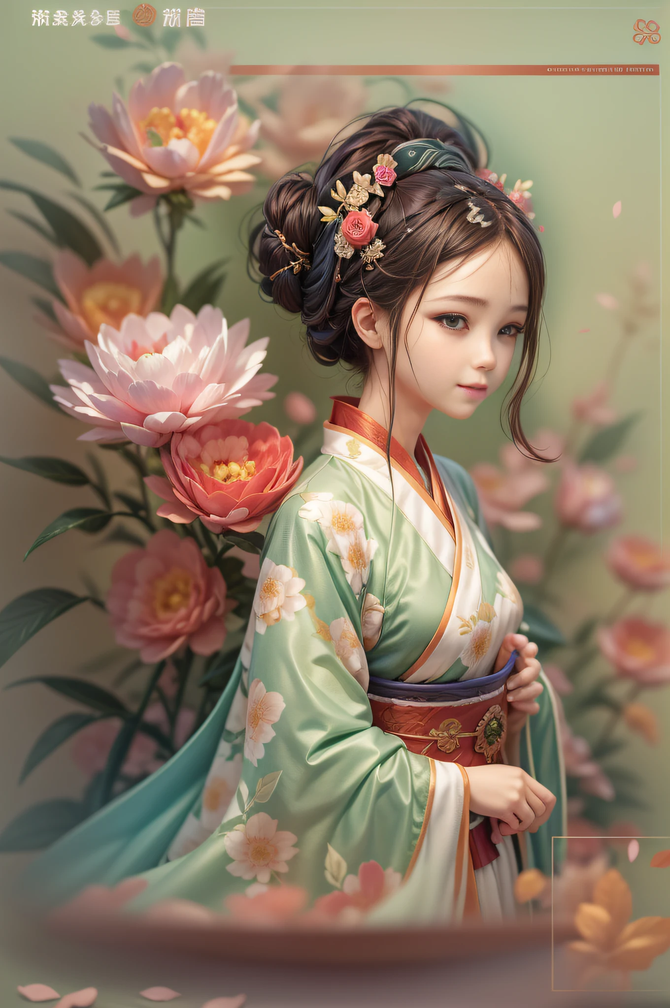 Movie Angle,(Cute girls,anatomy correct,full bodyesbian,Masterpiece peony flower,Representative works Hanfu,ssmile),(illustratio,paper art,3Drenderingof),(plethora of colors,Best quality,high detal,tmasterpiece,Cinematic lighting effects,4K,Chiaroscuro)