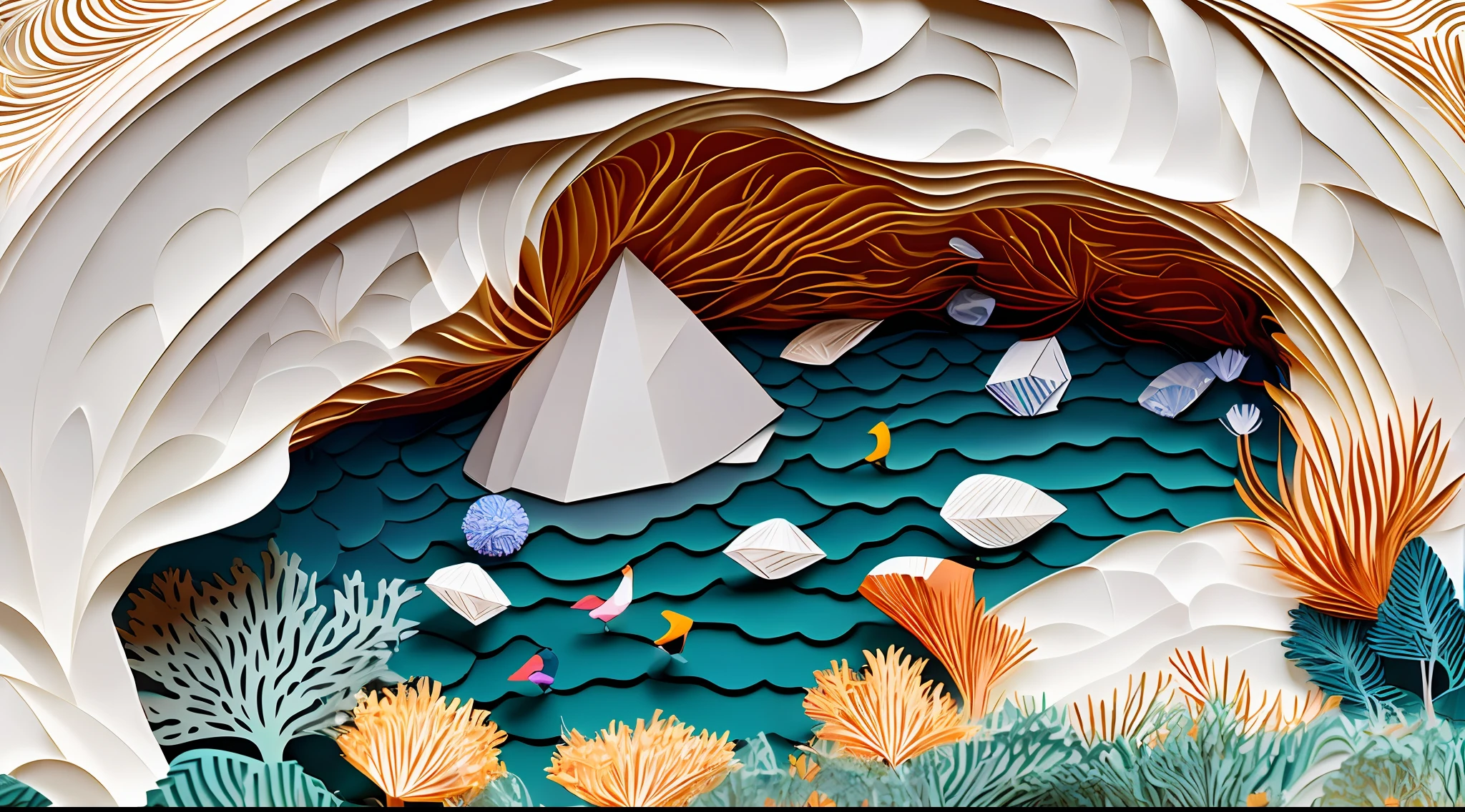 Paper cutout of scene with lake and mountain, layered paper art, intricate 3 d illustration, intricate scenery, Multi-layered artwork, arte em papel cortado, scenery art detailed, paper art, swirling scene, Intricate Greg Rutkovsky, intricate digital artwork, masterpiece of intricate artwork, intricate details in environment, Intricate and colorful masterpieces, Obras de arte intrincadas