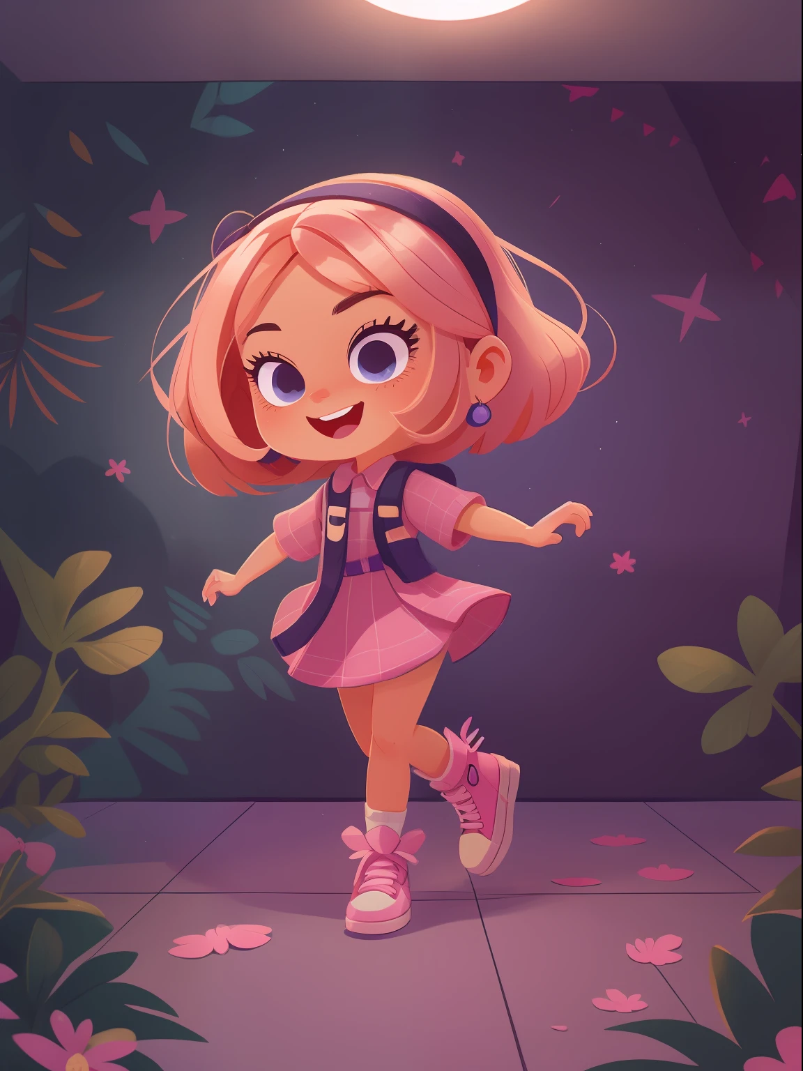 A portrait of Barbie Character in a Dark Room, Cartoon, Cute Big Bright Eyes, Her Eyes and Face Fixed into the Camera Lens, Cheerful Expression, Energetic Pose, full body, Front View, Crop Image, Blushing Light, Pixar Style , chibi, kawaii, wallpaper