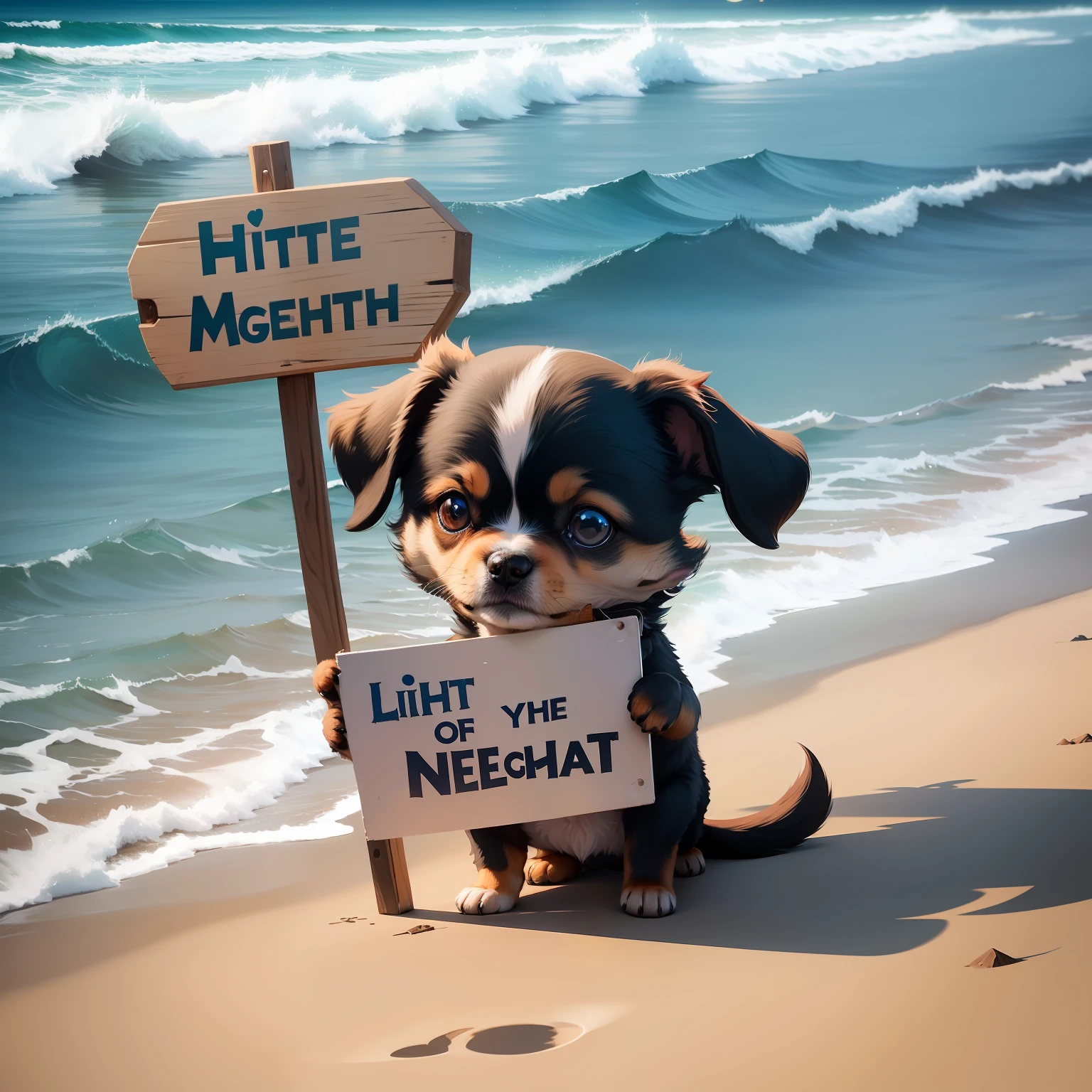 A cute little dog holding a sign saying Little Ocean Good Night