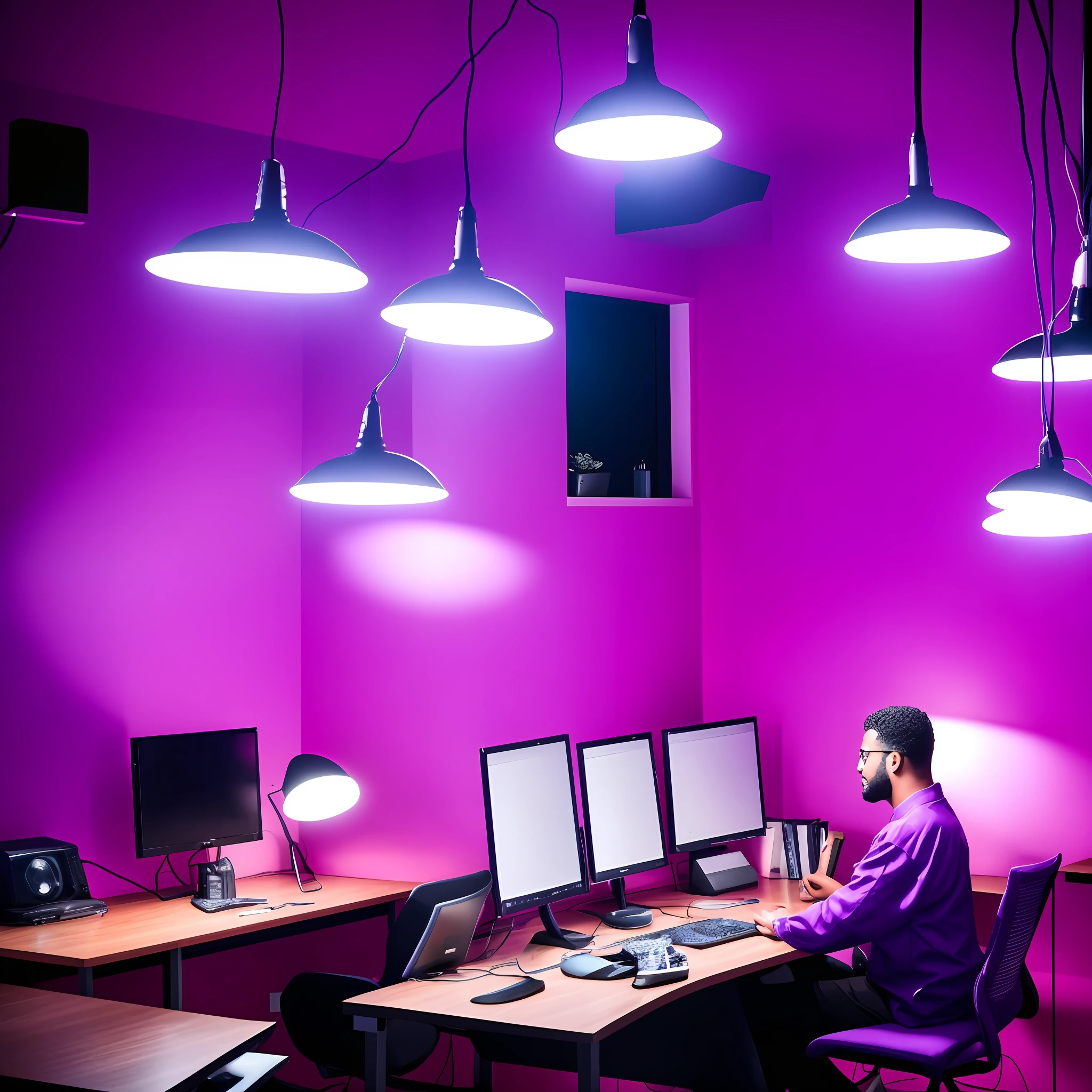 Uma pessoa sentada em um computador, trabalhando em um projeto. The room is illuminated by purple lights and the person is wearing purple clothes. The person is focused on work and seems to be having fun. --auto