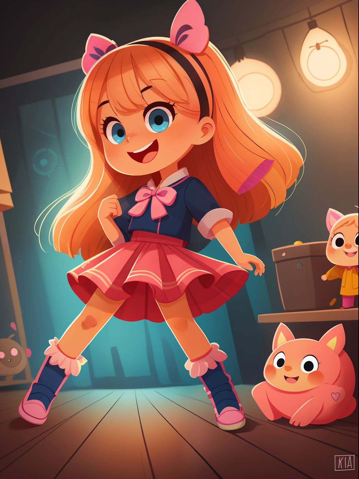 A portrait of Barbie Character in a Dark Room, Cartoon, Cute Big Bright Eyes, Her Eyes and Face Fixed into the Camera Lens, Cheerful Expression, Energetic Pose, full body, Front View, Crop Image, Blushing Light, Pixar Style , chibi, kawaii, wallpaper