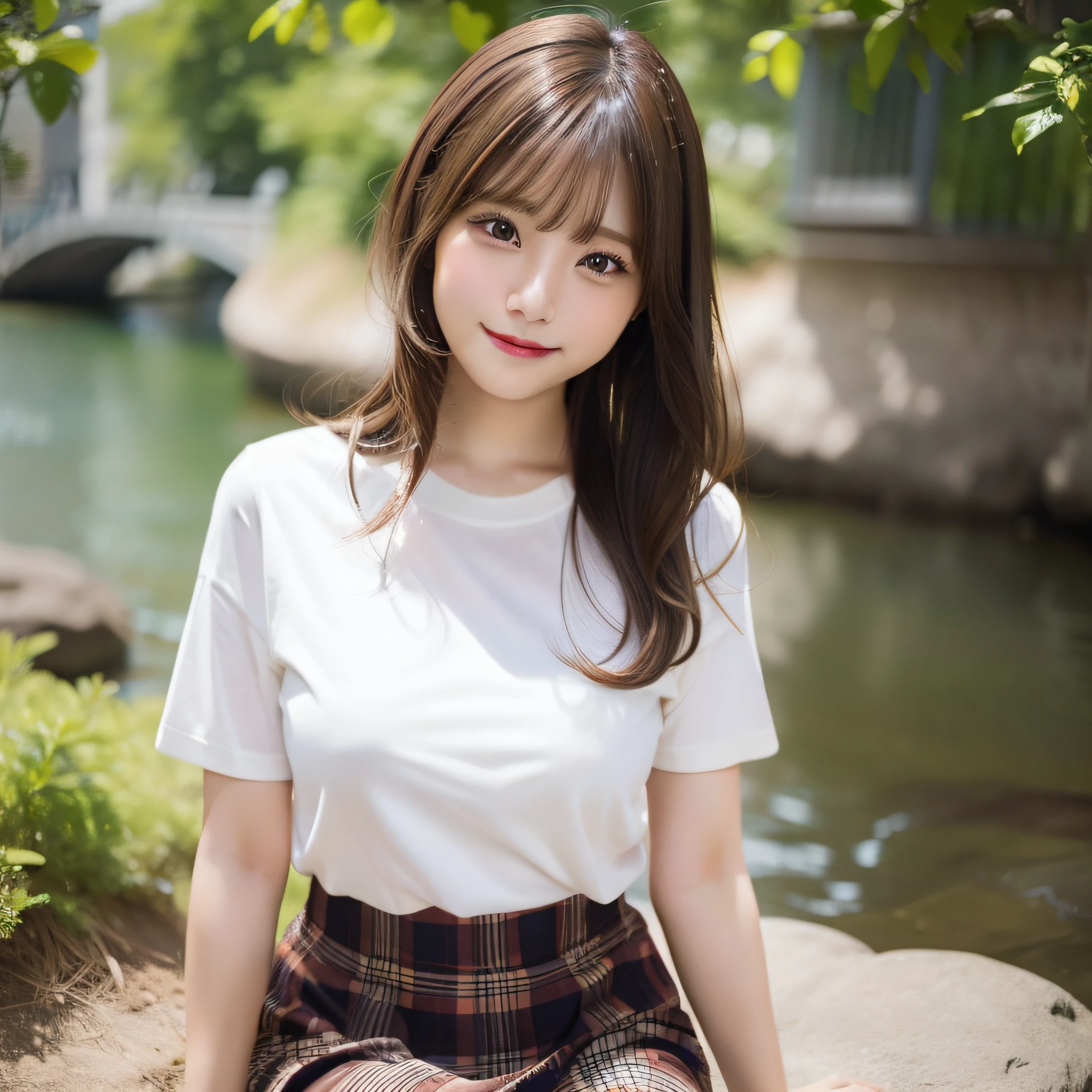 NSFW, 8k RAW photo, top-quality, ​masterpiece:1.3, 超A high resolution, film grains, filmg, 1girl, looking at the viewers, natural skin textures, realistic eyes and face details, Full lips, fluffy hair, Shy smile, ample breasts, The shirt, Beautiful natural places,full bodyesbian、Around the position of the flower, (细致背景), Plaid skirt, white  shirt,(Brown medium hair,Bangs), (touch hair:1.4),nogizaka,beautiful legs:1.3