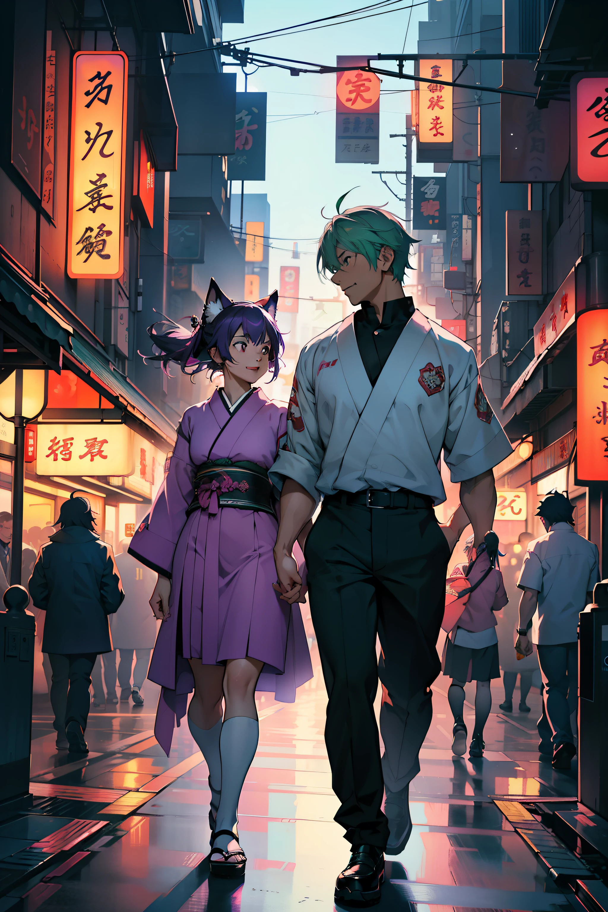 Welcome to an exciting AI-powered image generation experience! Create a stunning anime-style artwork that showcases the heartwarming bond between a playful brother and sister as they enjoy a vibrant night in Tokyo. Drawing inspiration from the iconic art style of Shigeru Soejima, this artwork will feature hyper-detailed characters and a bustling neon-lit cityscape.

Characters:

The boy, with captivating purple hair and adorable wolf ears, is dressed in a Japanese school uniform. His eyes reflect both mischief and affection as he interacts with his sister.
The girl boasts long and voluminous pastel green hair, complemented by her enchanting rose-colored eyes. She wears a traditional Japanese uniform, embodying elegance and a youthful spirit.
The scene unfolds in the dynamic streets of Tokyo, brimming with life and energy. Neon lights illuminate the city, casting a magical glow over the night. The goal is to create a seamless blend of the siblings' joyous interactions and the vibrant Tokyo backdrop.

The siblings could be sharing a joyful moment at a lively night market, indulging in delicious street food, and laughing together.
They might be exploring a neon-lit arcade, competing in friendly games, and cheering each other on.
Hand in hand, they could be strolling through the neon-lit streets of Tokyo, marveling at the colorful cityscape.
Technical Considerations:
Pay meticulous attention to the characters' unique features, expressions, and body language, ensuring their personalities shine through.
Capture the essence of Shigeru Soejima's art style, blending anime aesthetics with hyper-detailed rendering.
The neon lights should create a captivating atmosphere, enhancing the nighttime ambiance of Tokyo.
Please ensure the characters' interactions and the Tokyo cityscape harmoniously coexist, creating an artwork that encapsulates the warmth of sibling love and the enchanting energy of Tokyo's neon-lit nights in a style reminiscent of Shigeru Soejima