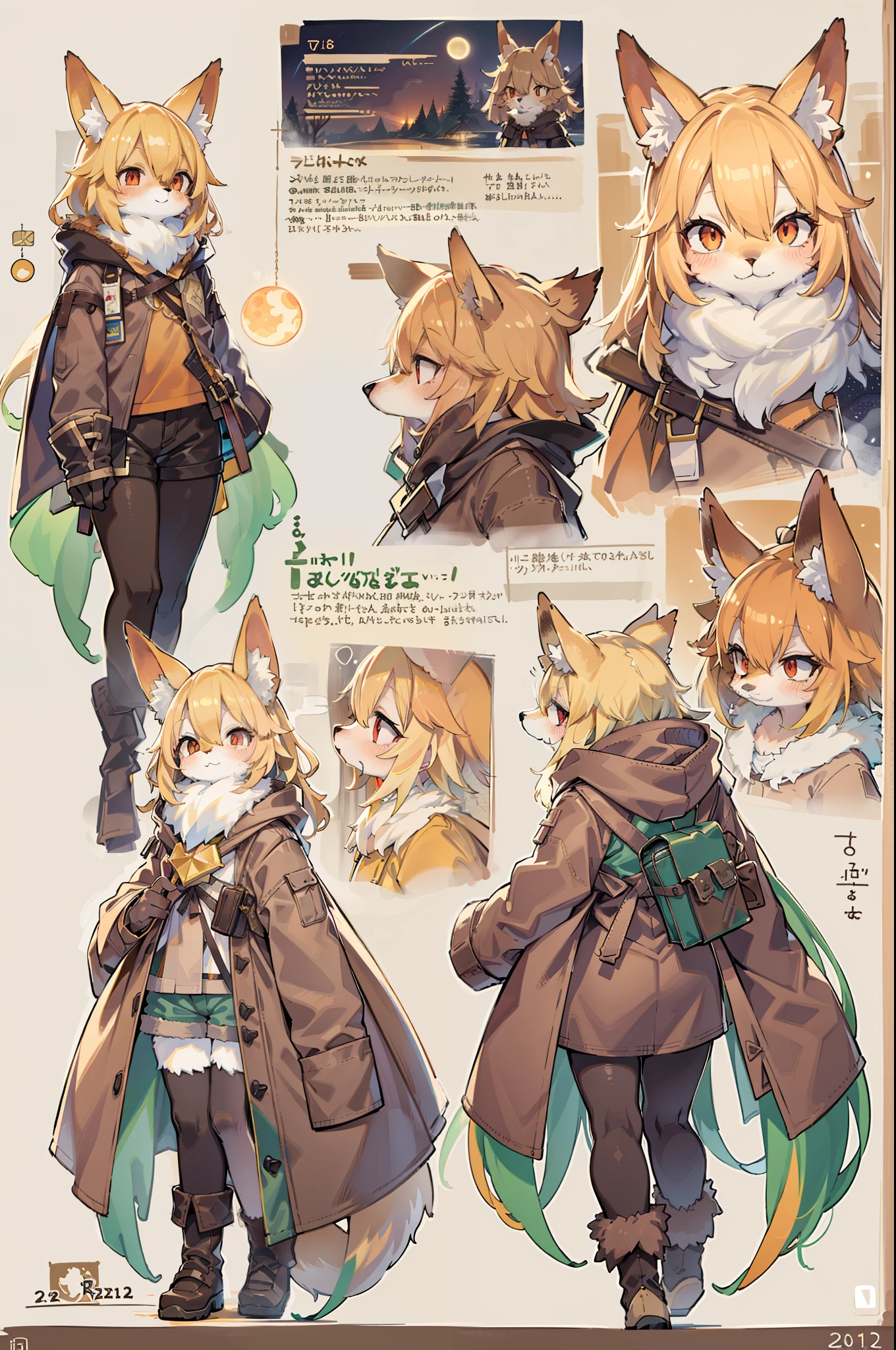 character chart，Shota the fox，hairy pubic，shaggy，Skin fur，Golden fur，Golden yellow face fur,Short straight blonde hair，Eyes have light，Red eyes，Brown elements on fur，Brown coat brown hood up，White top，brown shorts，Beautiful lights and shadows，Ambient light，Ultra-fine fur，volumettic light,natural  lightting，fox tails，Fluffy tail，No Man, Glowing tree，Lake, dark scenery, rain，Night，starrysky，Vast landscape，crossed bangs, Hairline, Shiny hair, lone nape hair, ，The smiley face has a faint blush, smiley，Sleepy，（Oversized Full Moon：1.2），（meteors：0.9），（Starcloud：1.3）（Warm light source：1.2），aurora，nevando，snowfield, Extra-long sleeves， Purple and orange，Complicated details，Volumetriclighting，Realist breakthrough（tmasterpiece：1.2）（best qualtiy），4K，Ultra-delicate，（Dynamic configuration：1.4），Highly detailed and colorful details，（Irridescent color ：1.2），（luminouslighting，Atmospheric lighting），dream magical，magic，独奏，Glowing light,Light blush, ，Single