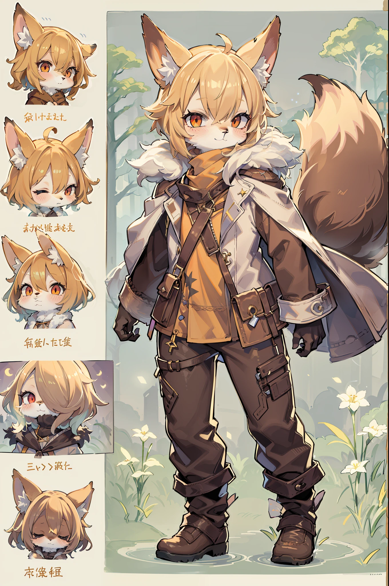 character chart，Shota the fox，hairy pubic，shaggy，Skin fur，Golden fur，Golden yellow face fur,Short straight blonde hair，Eyes have light，Red eyes，Brown elements on fur，Brown coat brown hood up，White top，brown shorts，Beautiful lights and shadows，Ambient light，Ultra-fine fur，volumettic light,natural  lightting，fox tails，Fluffy tail，No Man, Glowing tree，Lake, dark scenery, rain，Night，starrysky，Vast landscape，crossed bangs, Hairline, Shiny hair, lone nape hair, ，The smiley face has a faint blush, smiley，Sleepy，（Oversized Full Moon：1.2），（meteors：0.9），（Starcloud：1.3）（Warm light source：1.2），aurora，nevando，snowfield, Extra-long sleeves， Purple and orange，Complicated details，Volumetriclighting，Realist breakthrough（tmasterpiece：1.2）（best qualtiy），4K，Ultra-delicate，（Dynamic configuration：1.4），Highly detailed and colorful details，（Irridescent color ：1.2），（luminouslighting，Atmospheric lighting），dream magical，magic，独奏，Glowing light,Light blush, ，Single