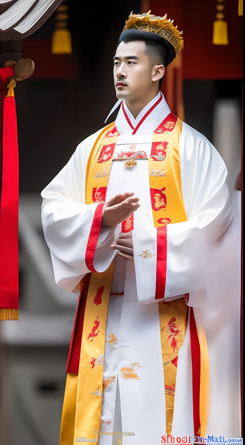 Masterpiece, Highest quality, (solofocus),, (High detail: 1.1),dojo，Red and yellow robes，The male， Man, chinese crown, 1人,and white hair,超高分辨率 , Detailed background, realisticlying, wearing a detailed and intricate xianxia antique outfit