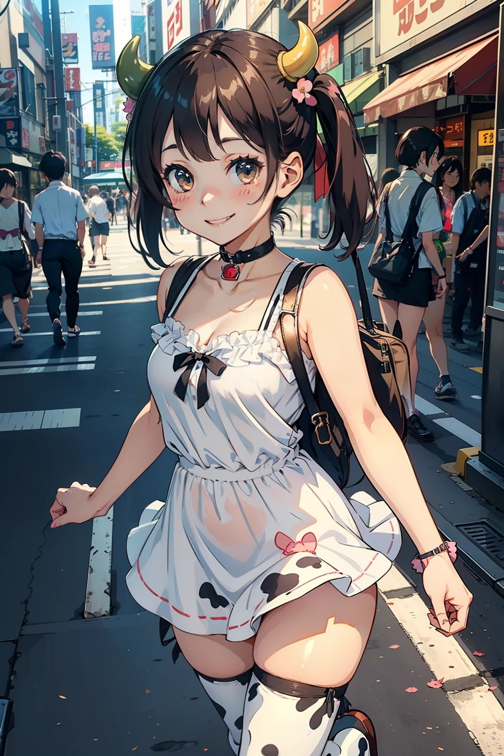 Cow girl, loli cow, kawaii, on a streets of tokyo, akihabara, in cute short dress, undies visible, panties visible, smiling, blushing, jumping